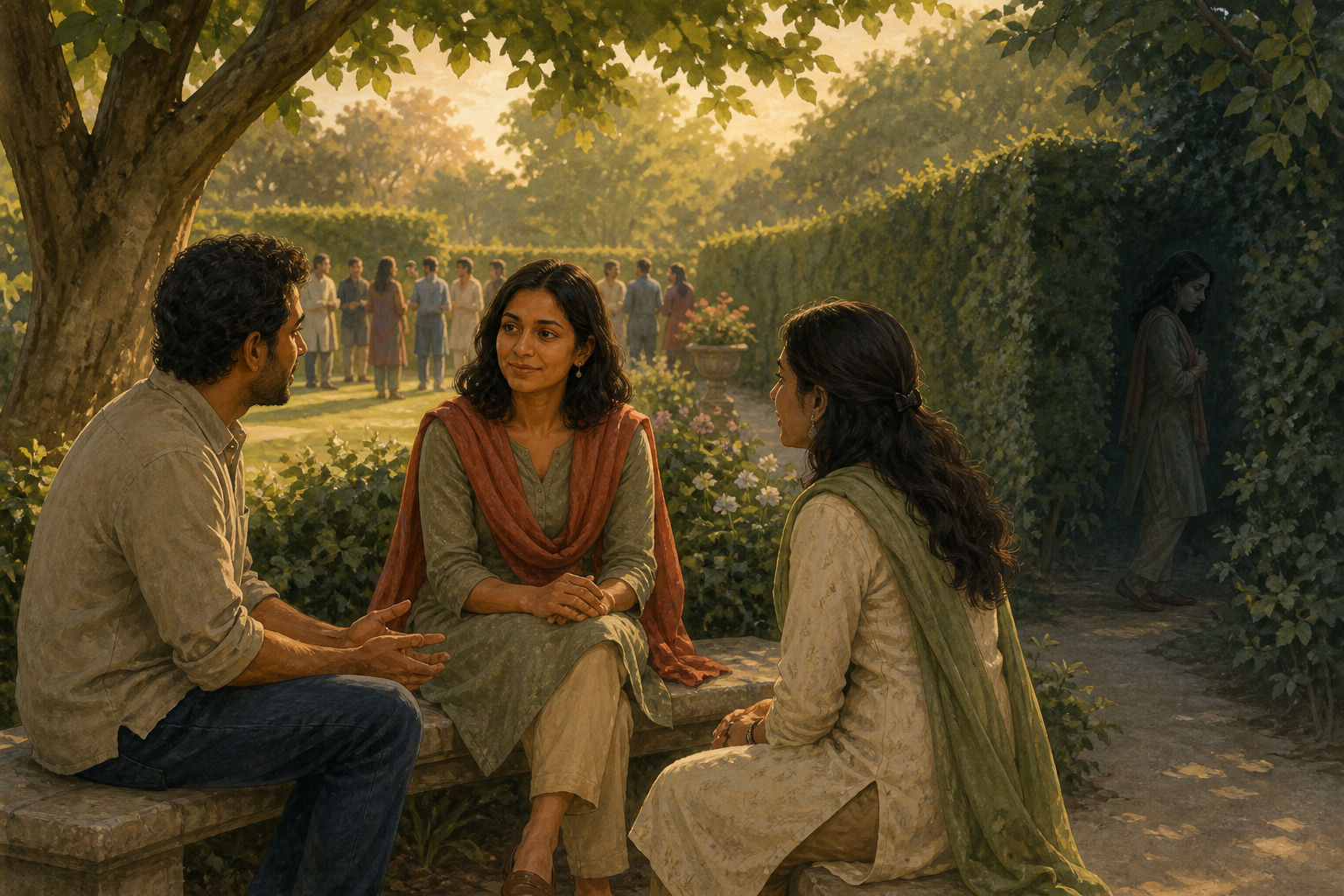 A quiet adult listens calmly to two companions on a garden bench while a faint background figure retreats behind a hedge from a distant gathering.