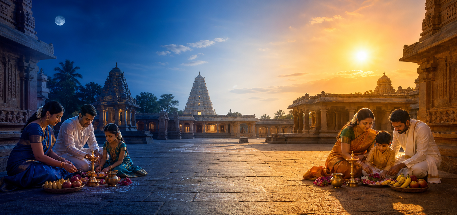 A temple courtyard shown from predawn to late afternoon, with a family preparing ritual offerings in two different daylight windows.