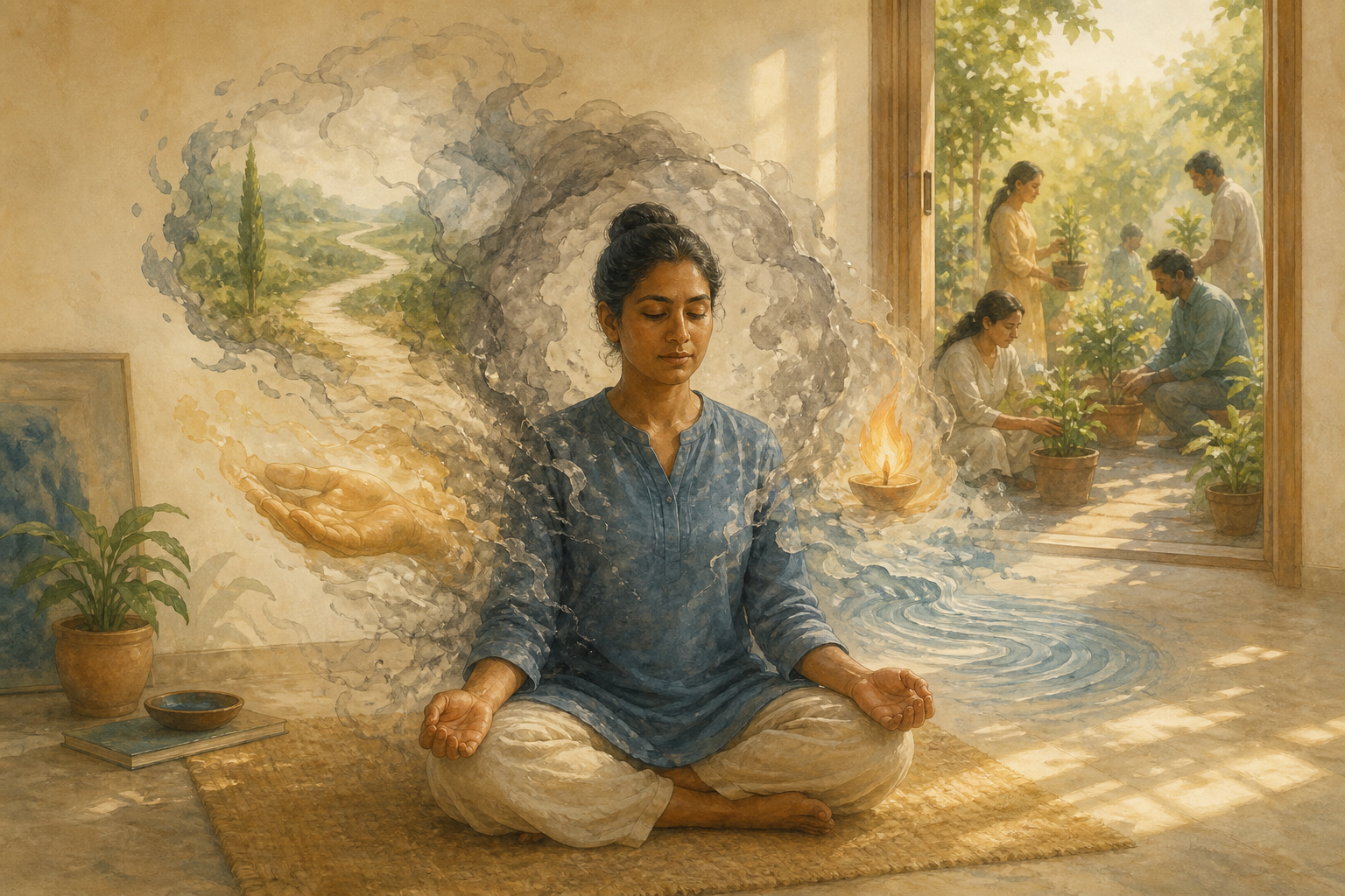 A seated adult meditates as a smoky shell around the upper body opens into a path, an open hand, a flame, and water ripples, with people gardening beyond a doorway.