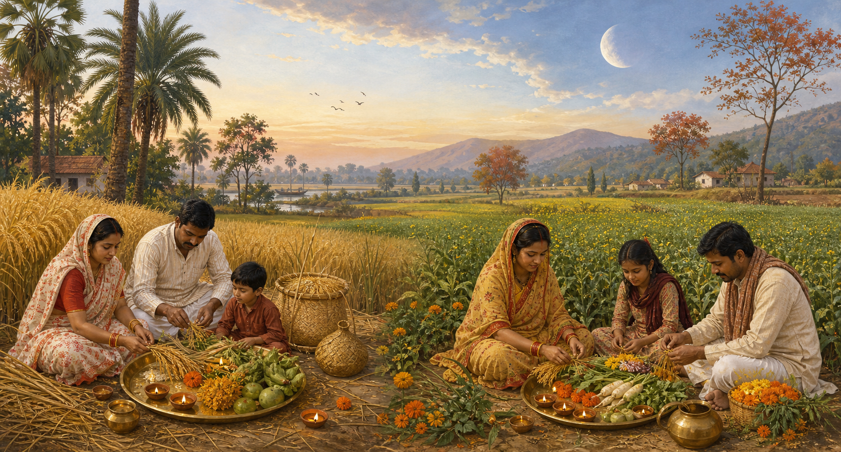 A panoramic Indian seasonal landscape connects a Bengal rice harvest with north Indian post-monsoon fields and household offerings.