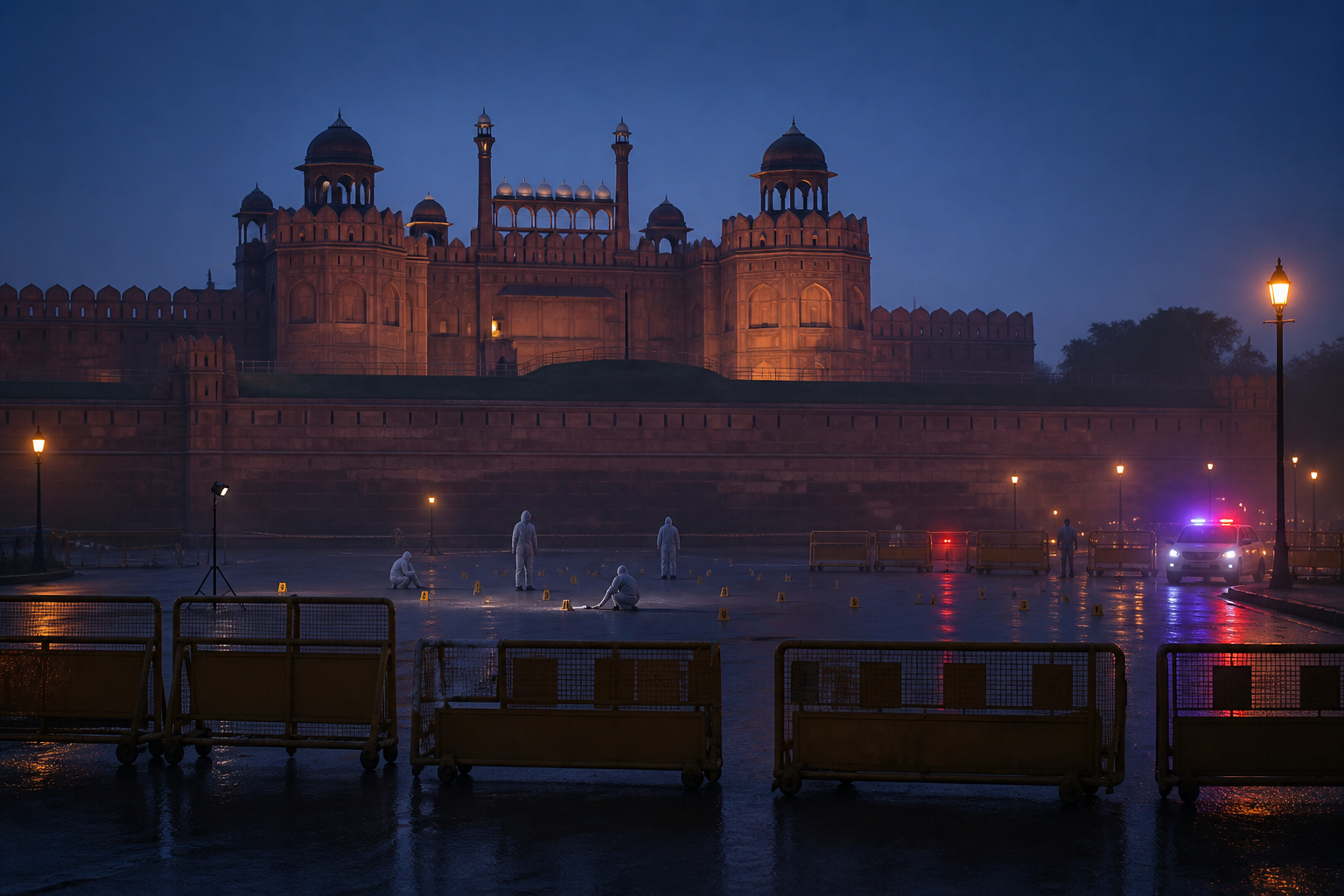 Conceptual illustration of the Red Fort at dusk with a quiet investigative perimeter and distant forensic personnel on the roadway.