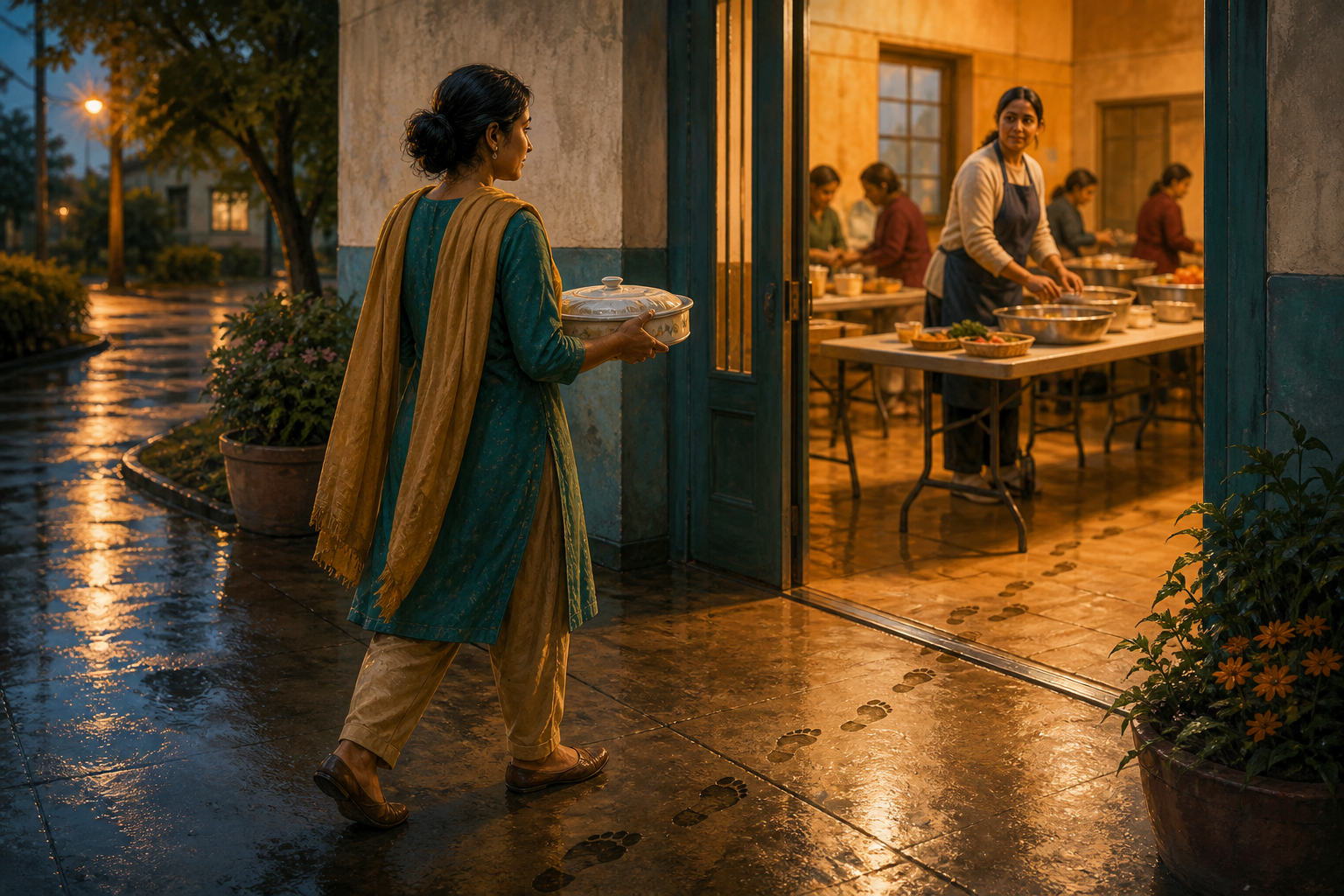 A nervous adult carrying a covered food dish steps toward a warmly lit community center where a volunteer makes room at a preparation table.