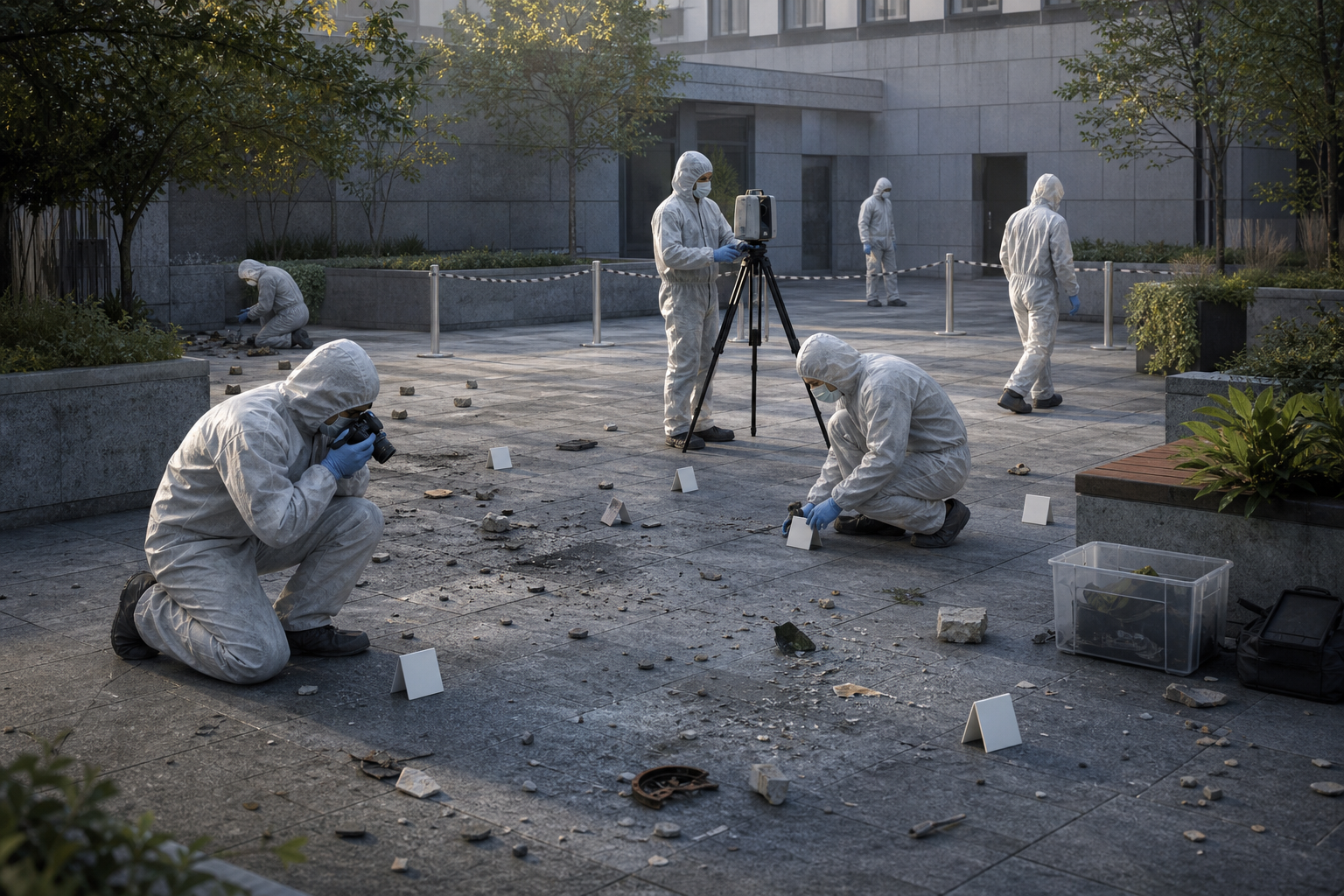 Forensic investigators document and collect non-graphic debris inside a secured urban scene.