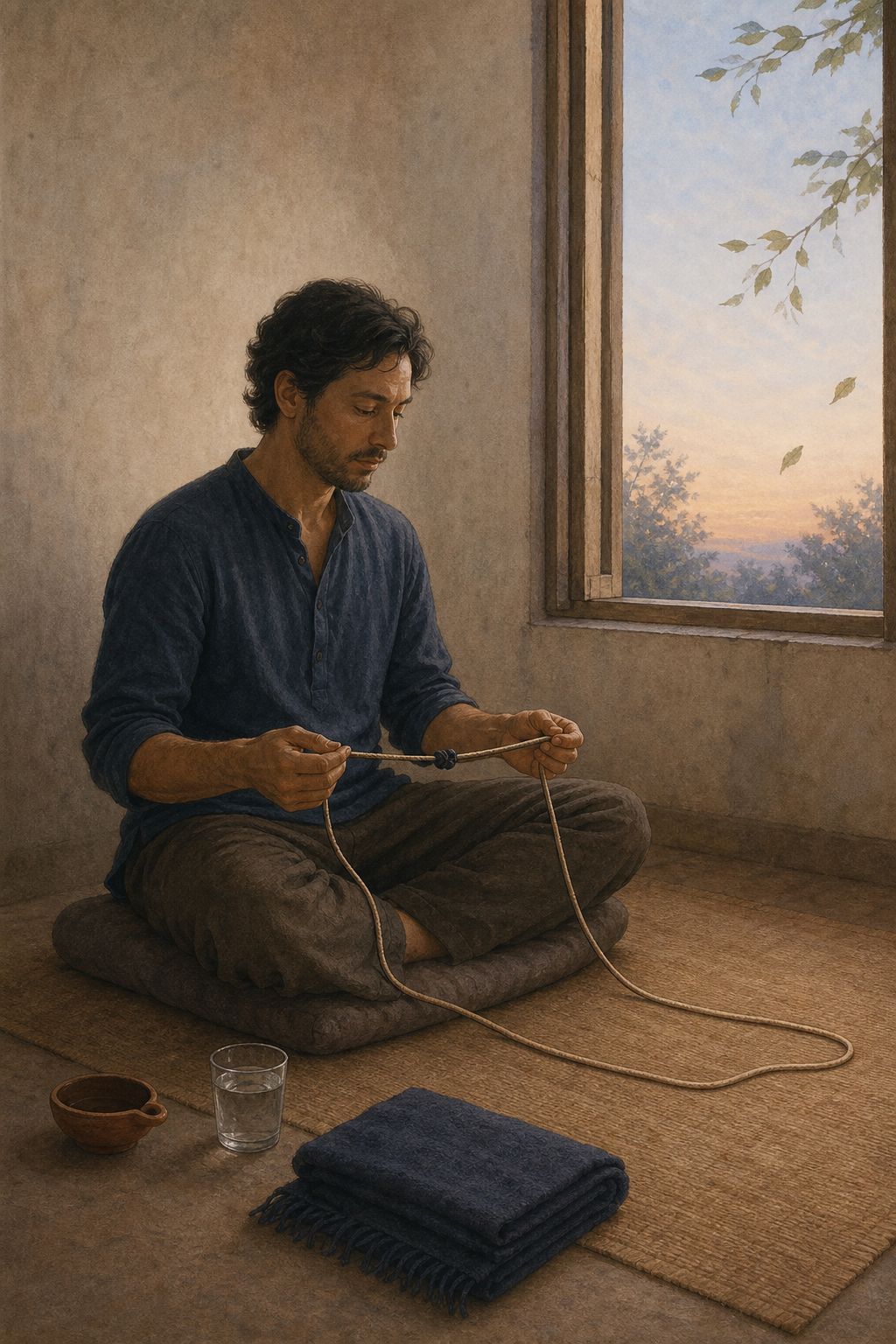 A person practices quietly before sunrise while holding a cord with one dark knot that loosens into a smooth line.