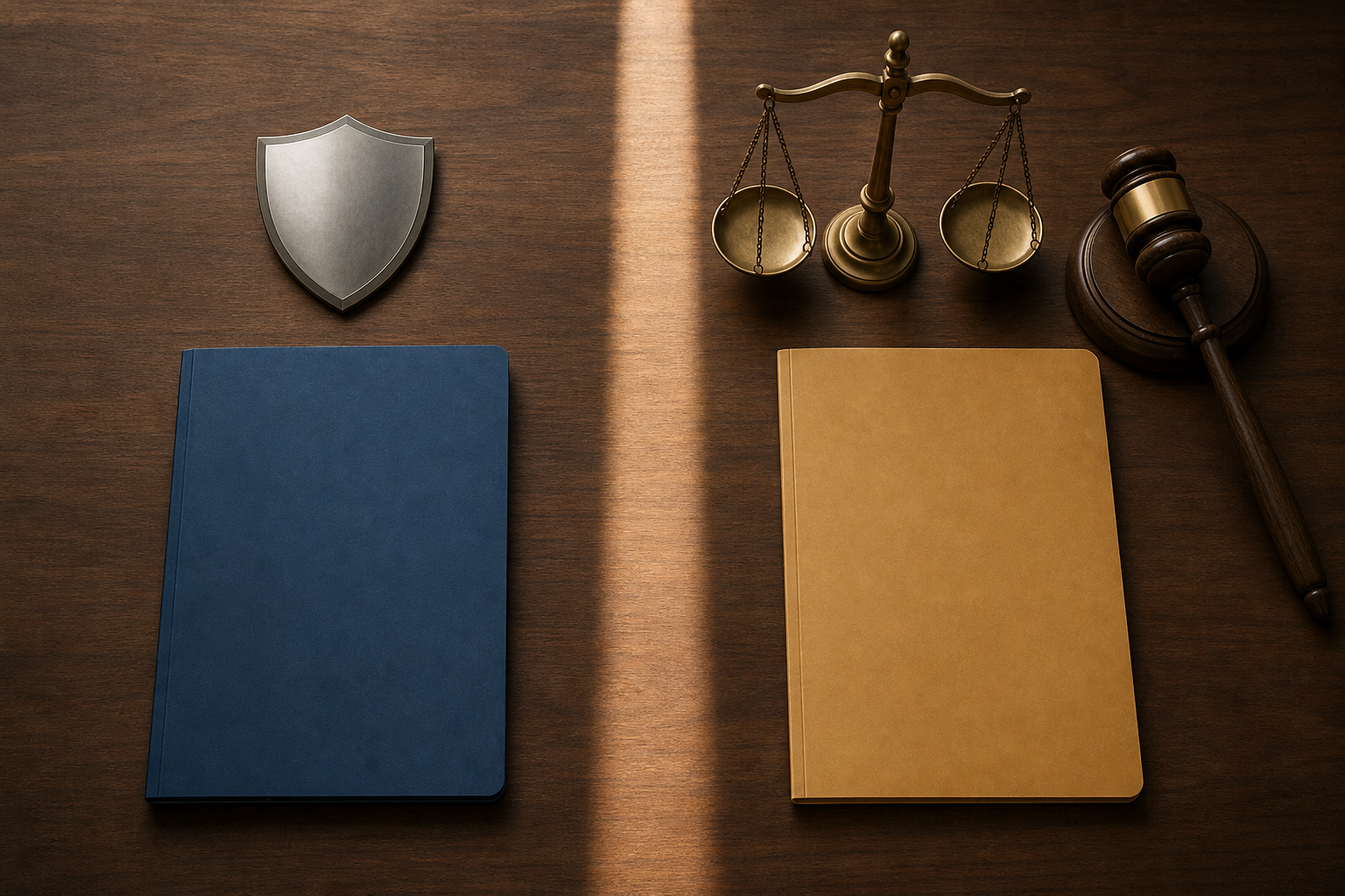 Two unmarked evidence folders sit separately beside a child-protection shield, a gavel, and balanced scales.