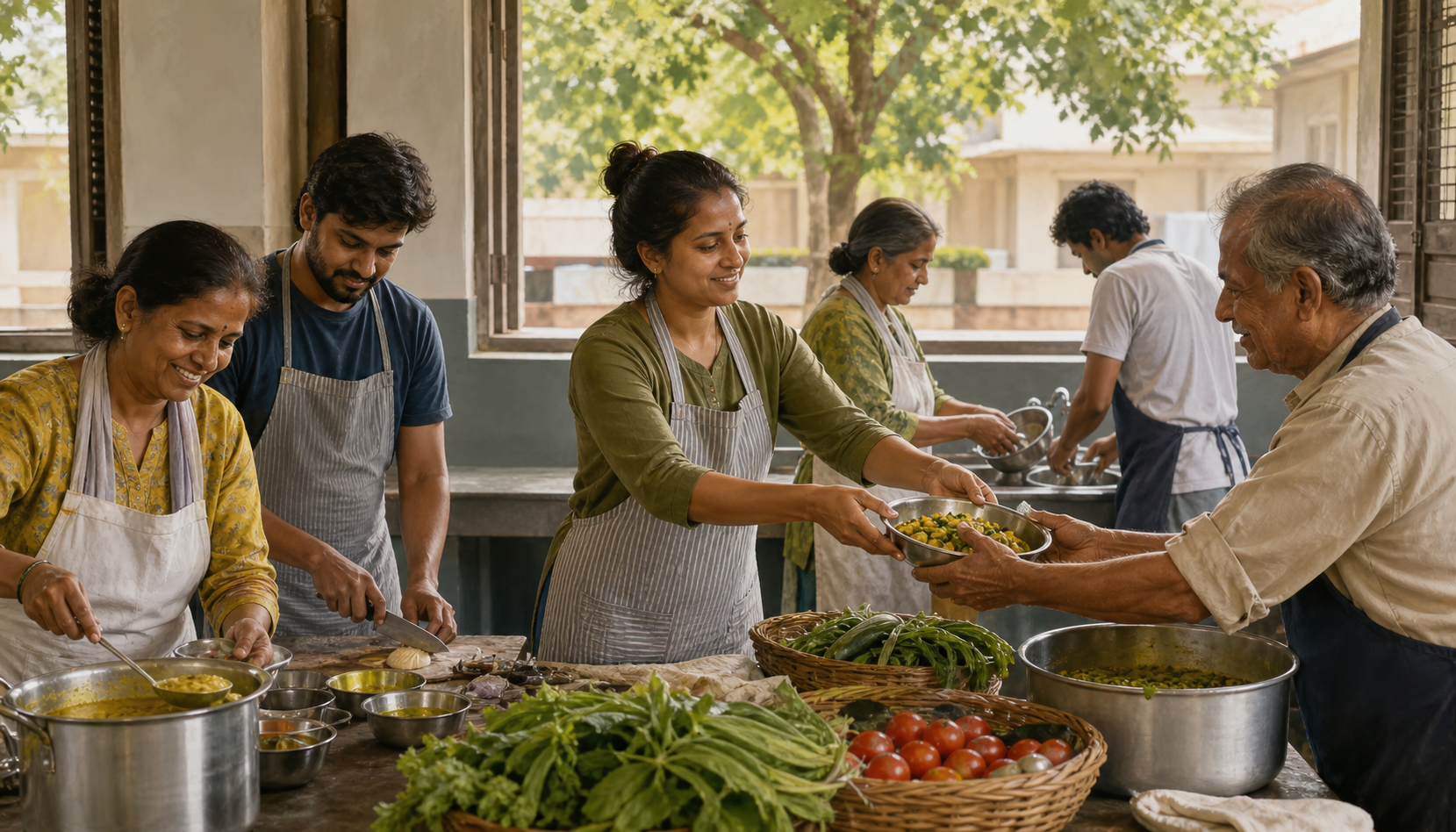 Six volunteers of different ages prepare and serve a shared meal together in a bright community kitchen, passing bowls and working at adjoining stations.