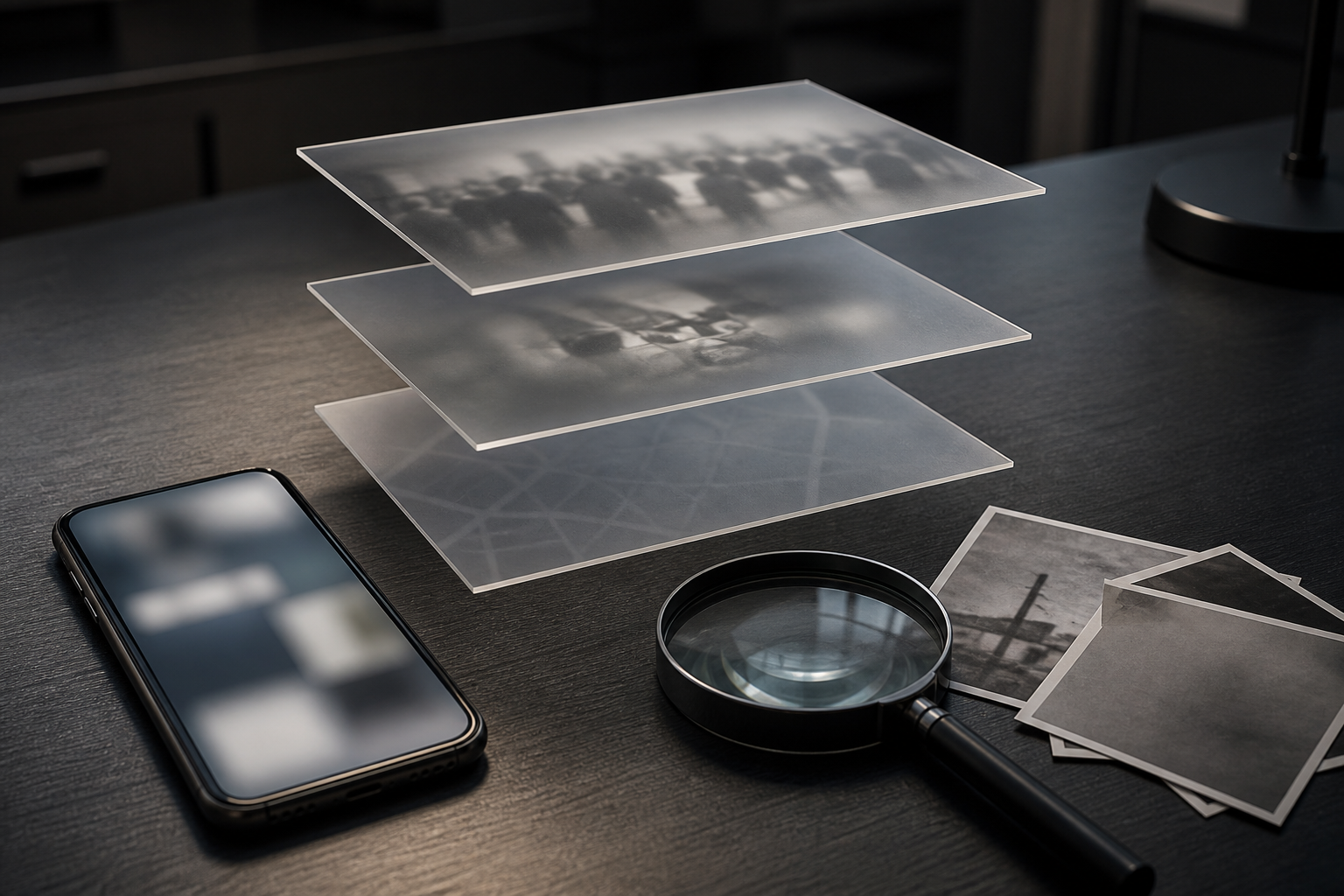 A smartphone, magnifying glass, and separated translucent layers symbolize careful evaluation of developing investigation reports.