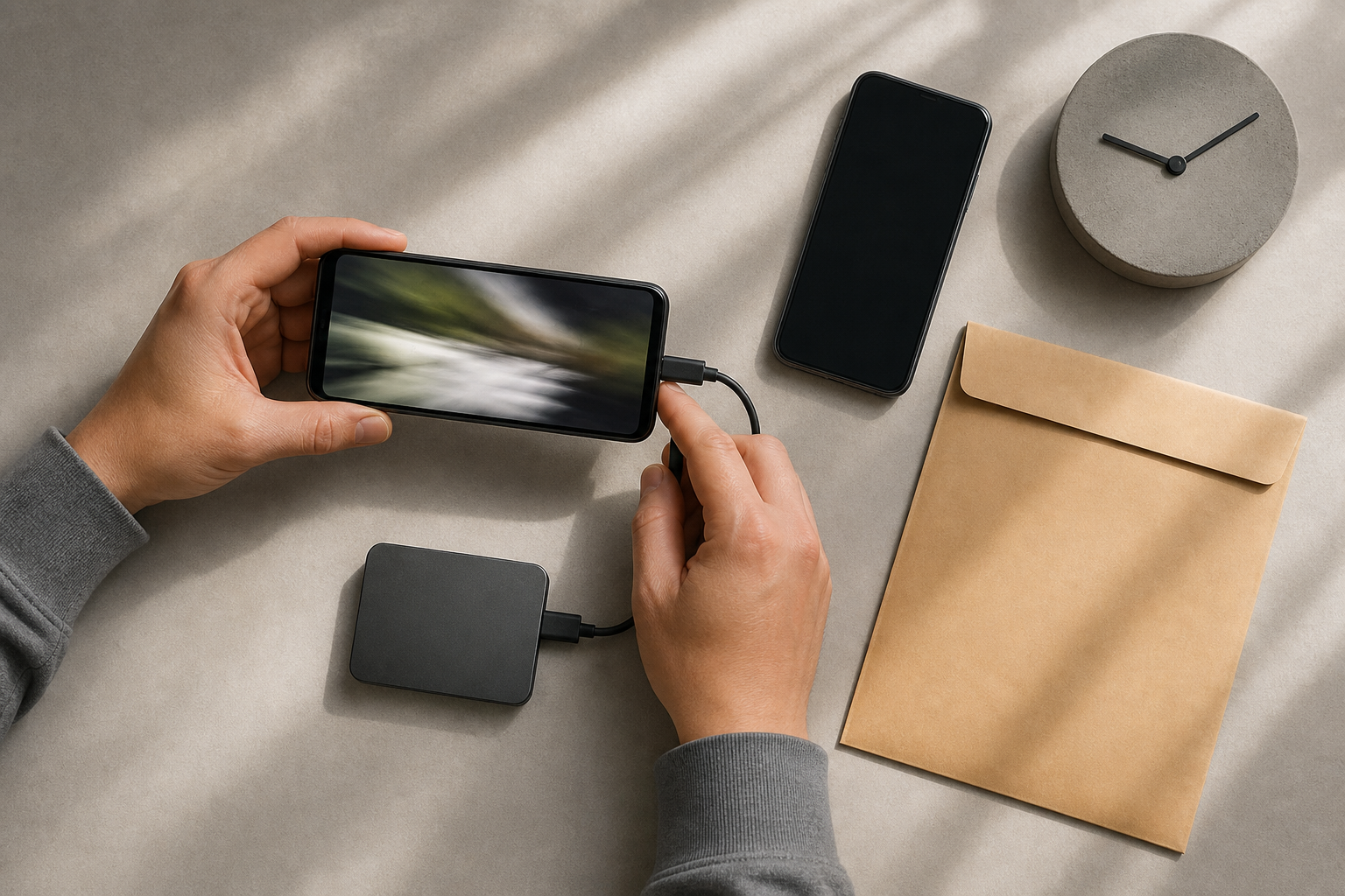 Anonymous hands back up a phone video beside a storage drive and evidence envelope on an orderly desk.