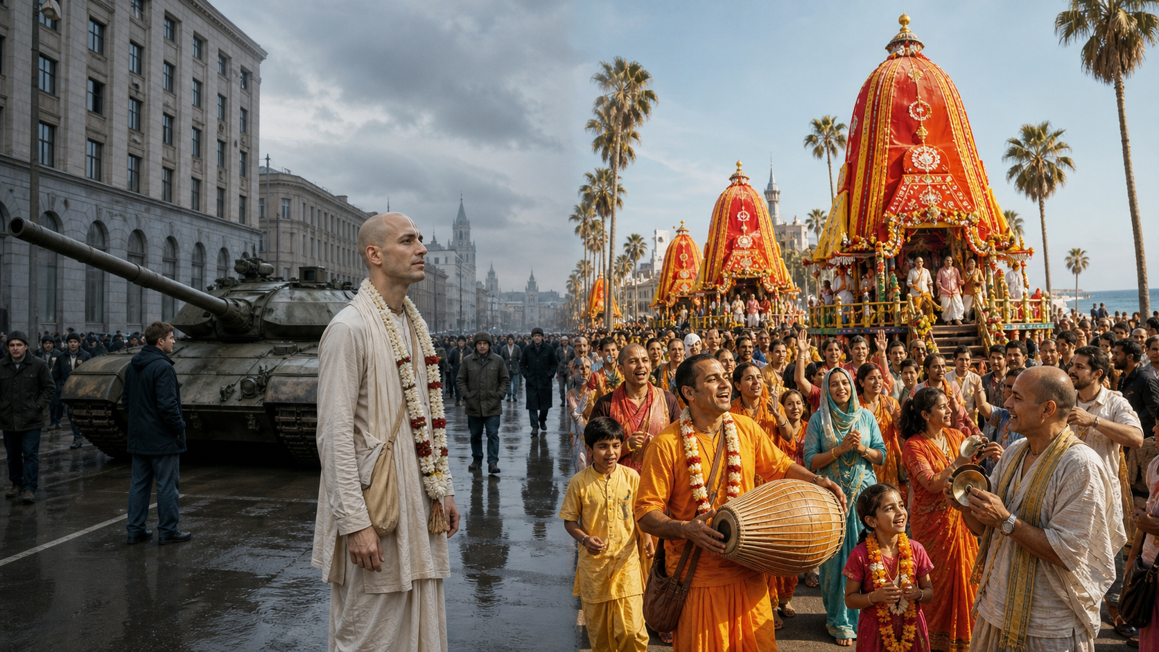 Editorial diptych showing a devotee beside a tank on an overcast Moscow street and a large chariot procession on a sunny Los Angeles boulevard.