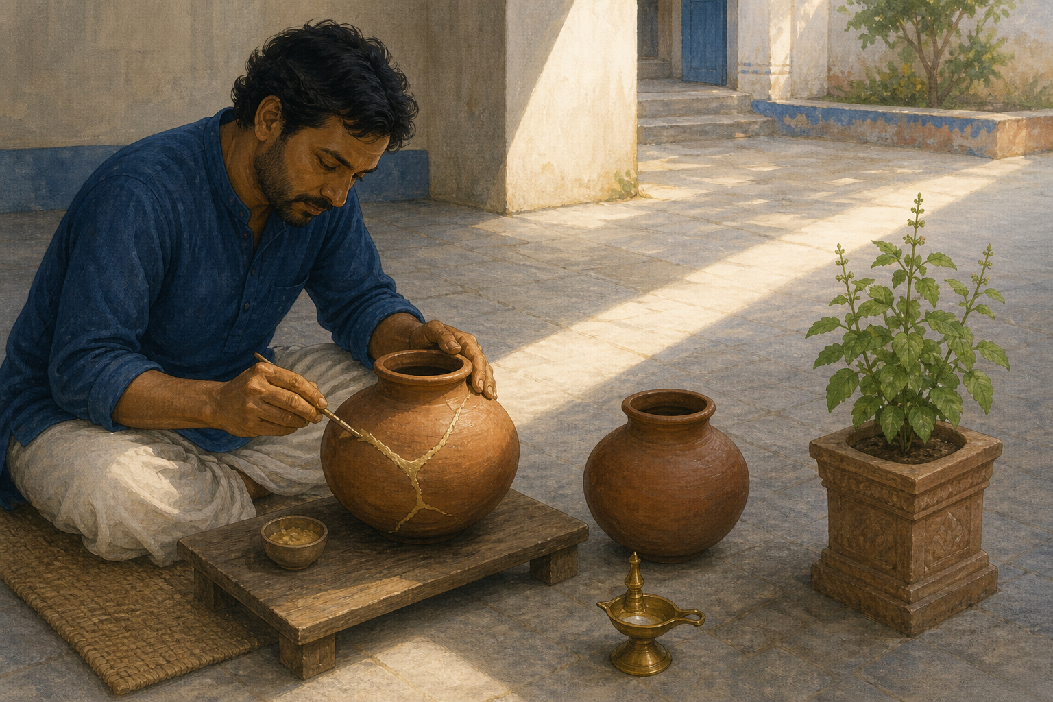 An adult in a sunlit Indian courtyard carefully repairs a cracked earthen water vessel beside a brass lamp and a tulsi plant.