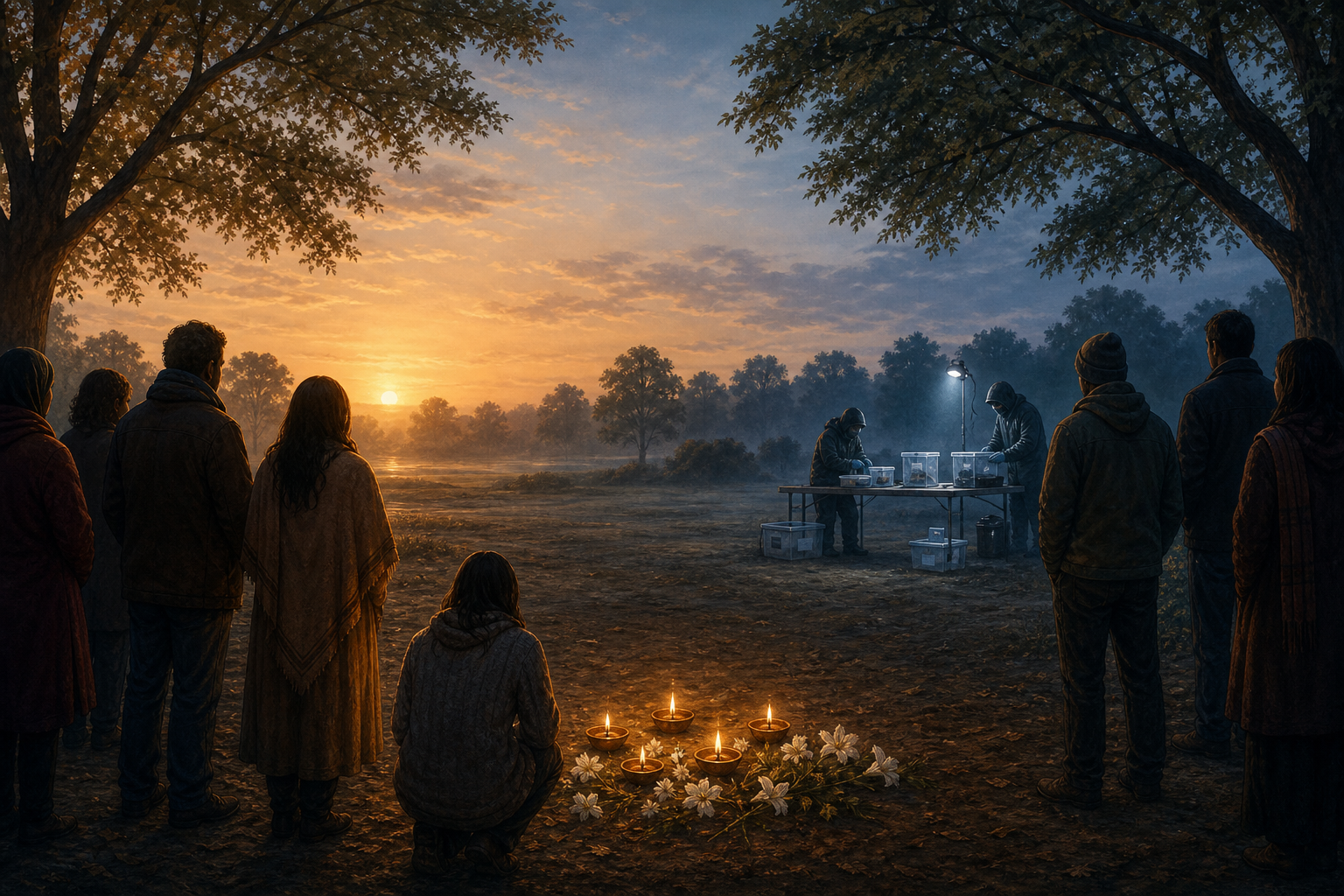 Community members gather quietly near lamps and flowers while investigators examine sealed evidence in the background.