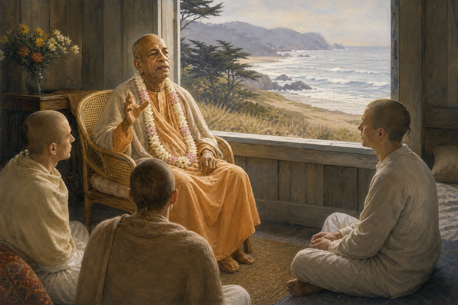 Srila Prabhupada sits in a modest coastal cottage and speaks to three disciples while the misty Stinson Beach shoreline appears through an open window.