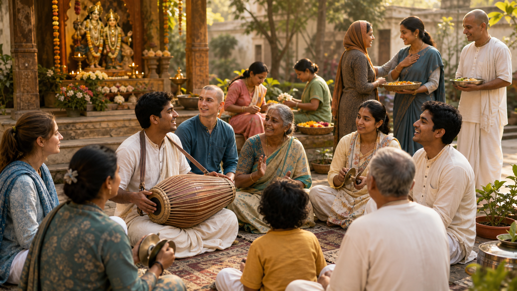 Gaudiya Vaishnava practitioners sing with a drum and hand cymbals in a temple courtyard while others arrange flowers and prepare an offering.