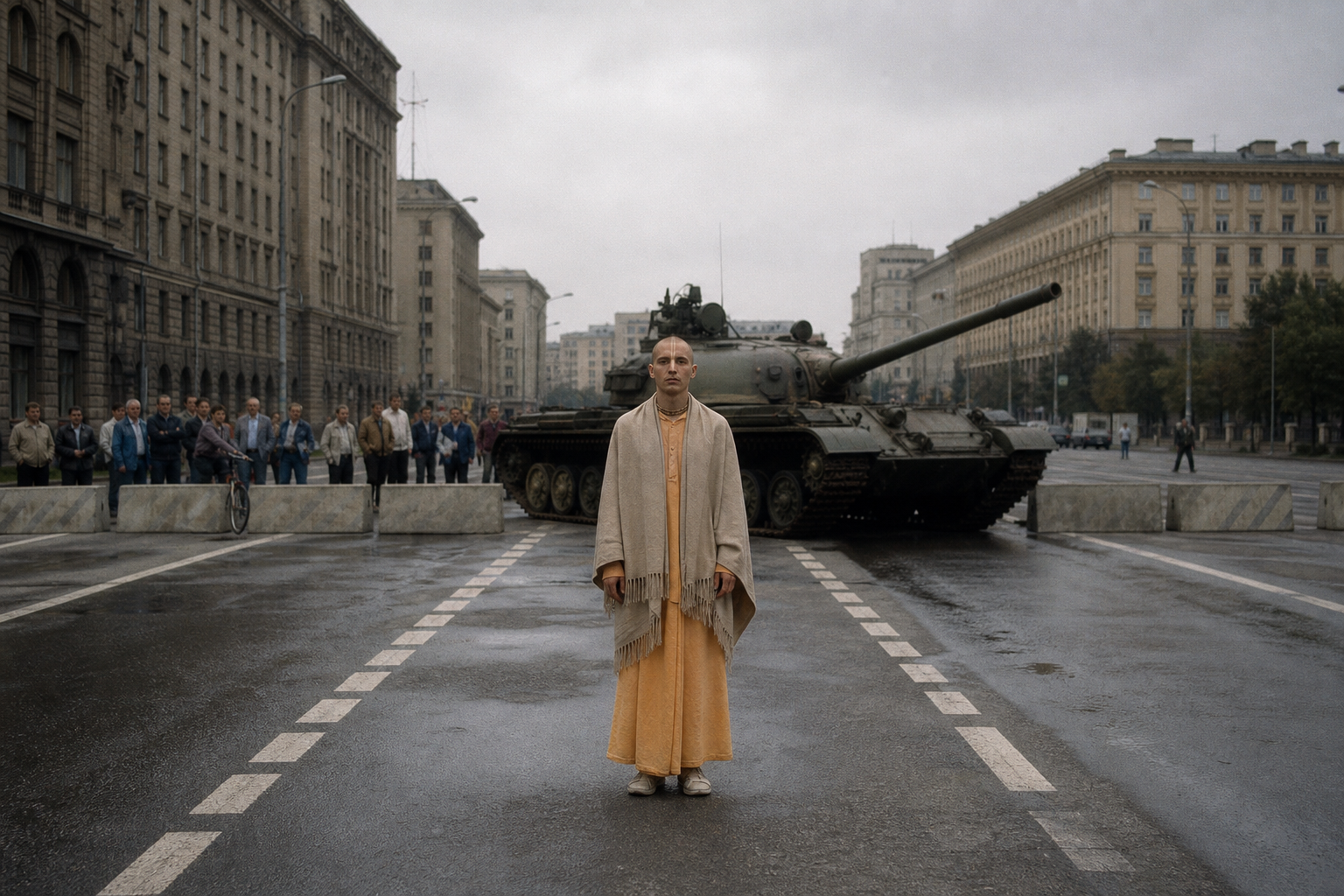 A robed devotee stands peacefully near a stationary tank on a cloudy Moscow street as civilians watch from a distance.