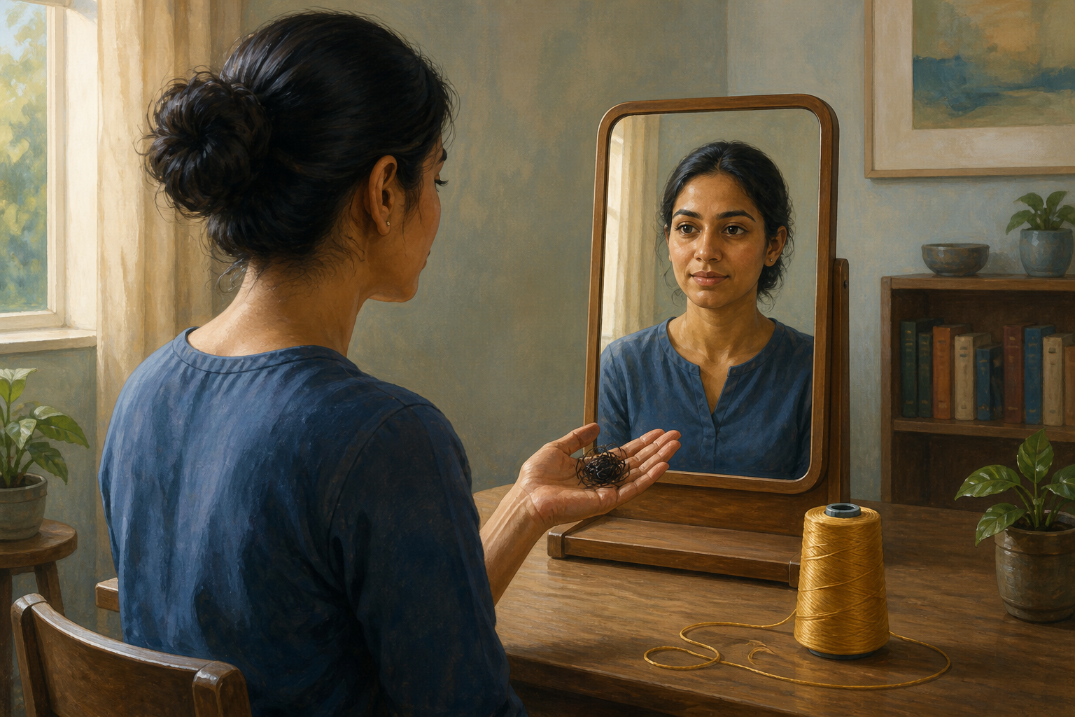 A seated adult looks into a mirror while holding one tangled section of thread apart from a spool of smooth golden thread.