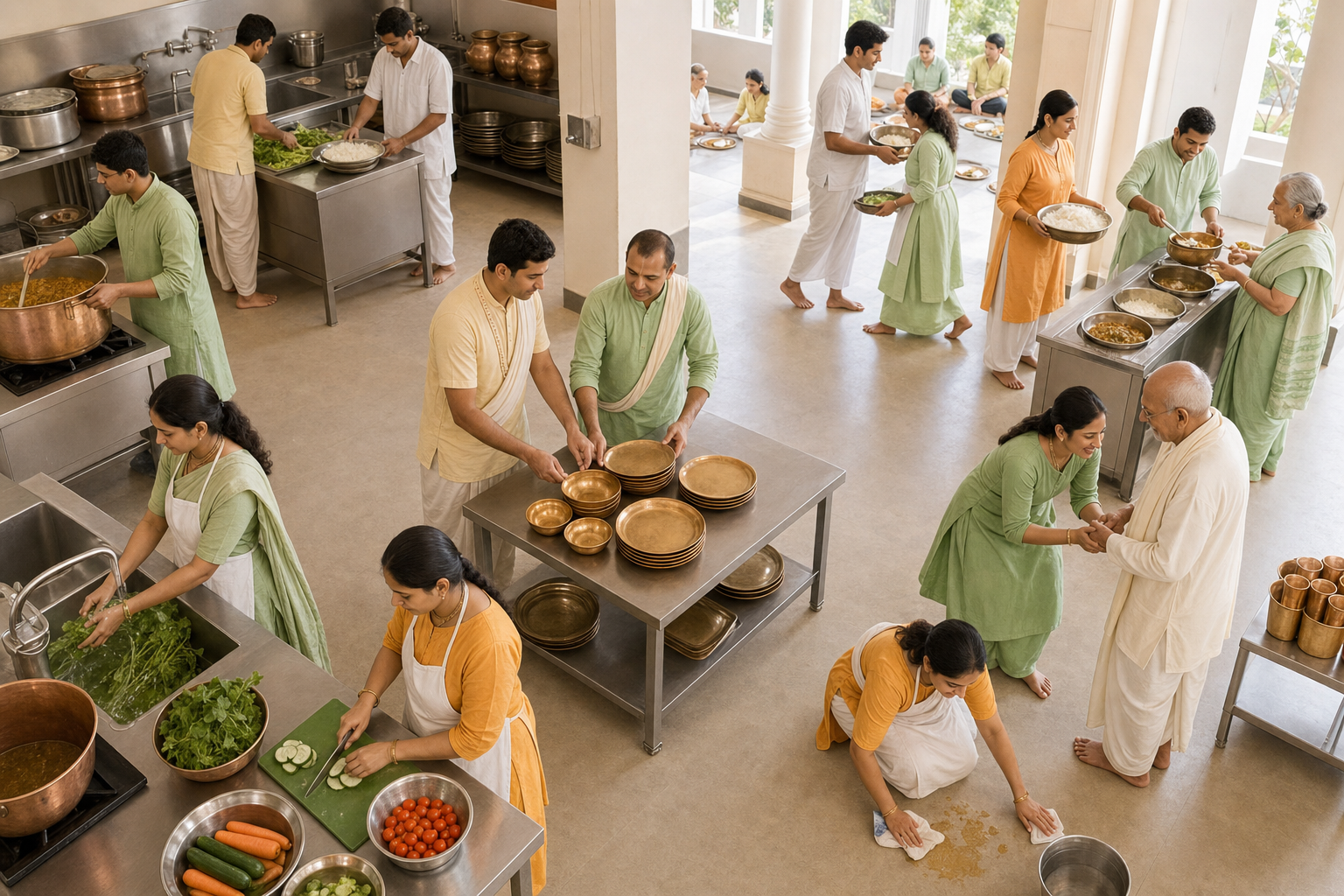 Vaishnava volunteers work in coordinated teams to prepare and serve a community meal while an experienced member guides a newcomer.