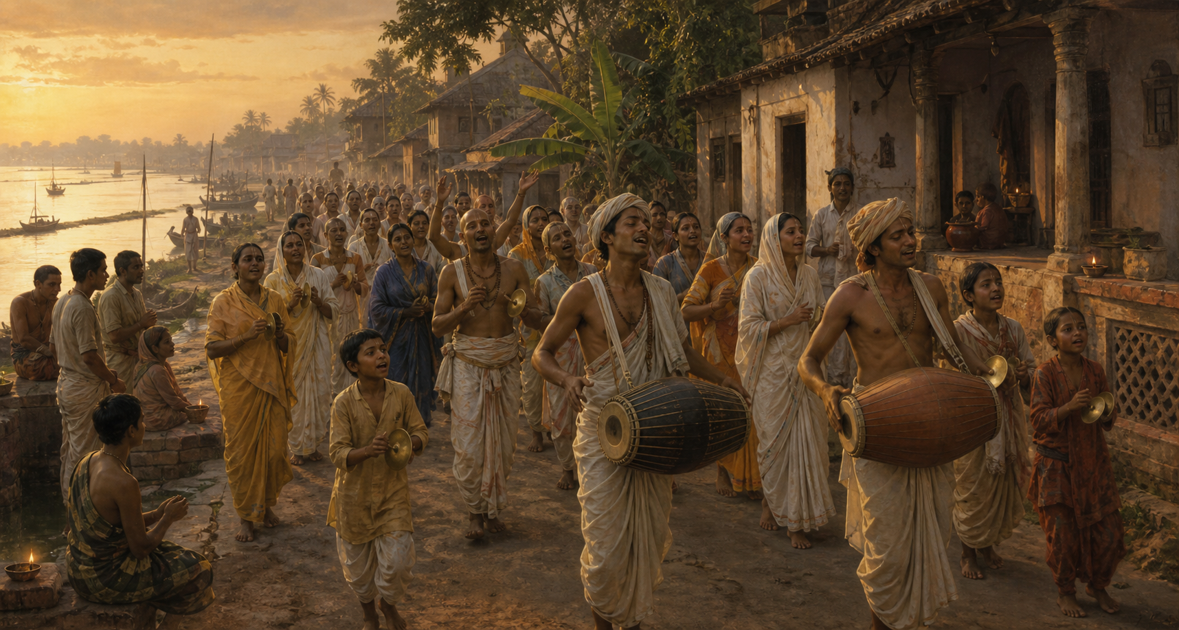 A historical devotional procession in sixteenth-century Bengal sings and plays drums and cymbals along a riverside town lane.