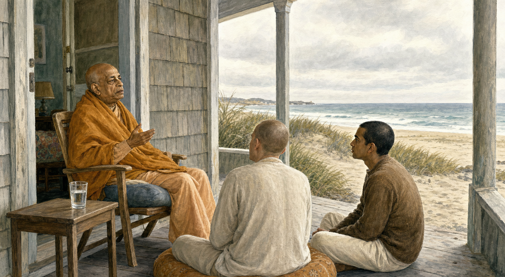 Srila Prabhupada speaks with two seated disciples on a sheltered cottage porch overlooking beach grass and the Pacific Ocean.