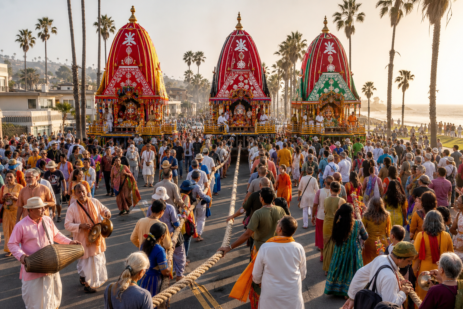 A diverse crowd walks beside three colorful hand-pulled chariots during a sunlit devotional procession on a palm-lined Los Angeles boulevard.