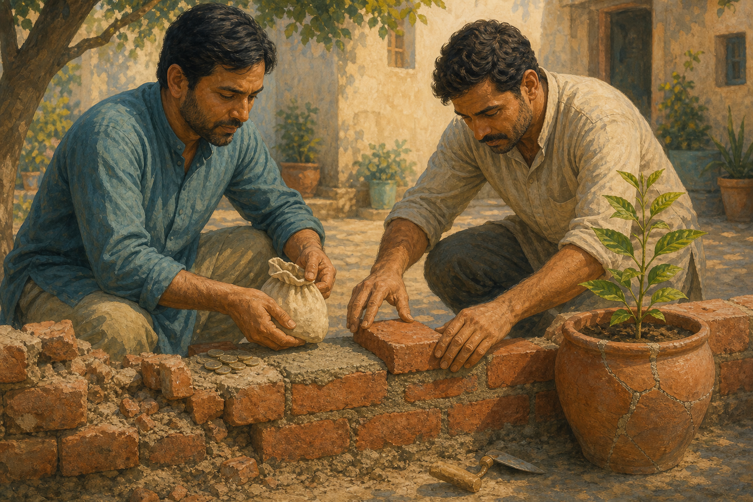 Two adults repair a low garden wall together while one returns a small cloth pouch of coins to the other.