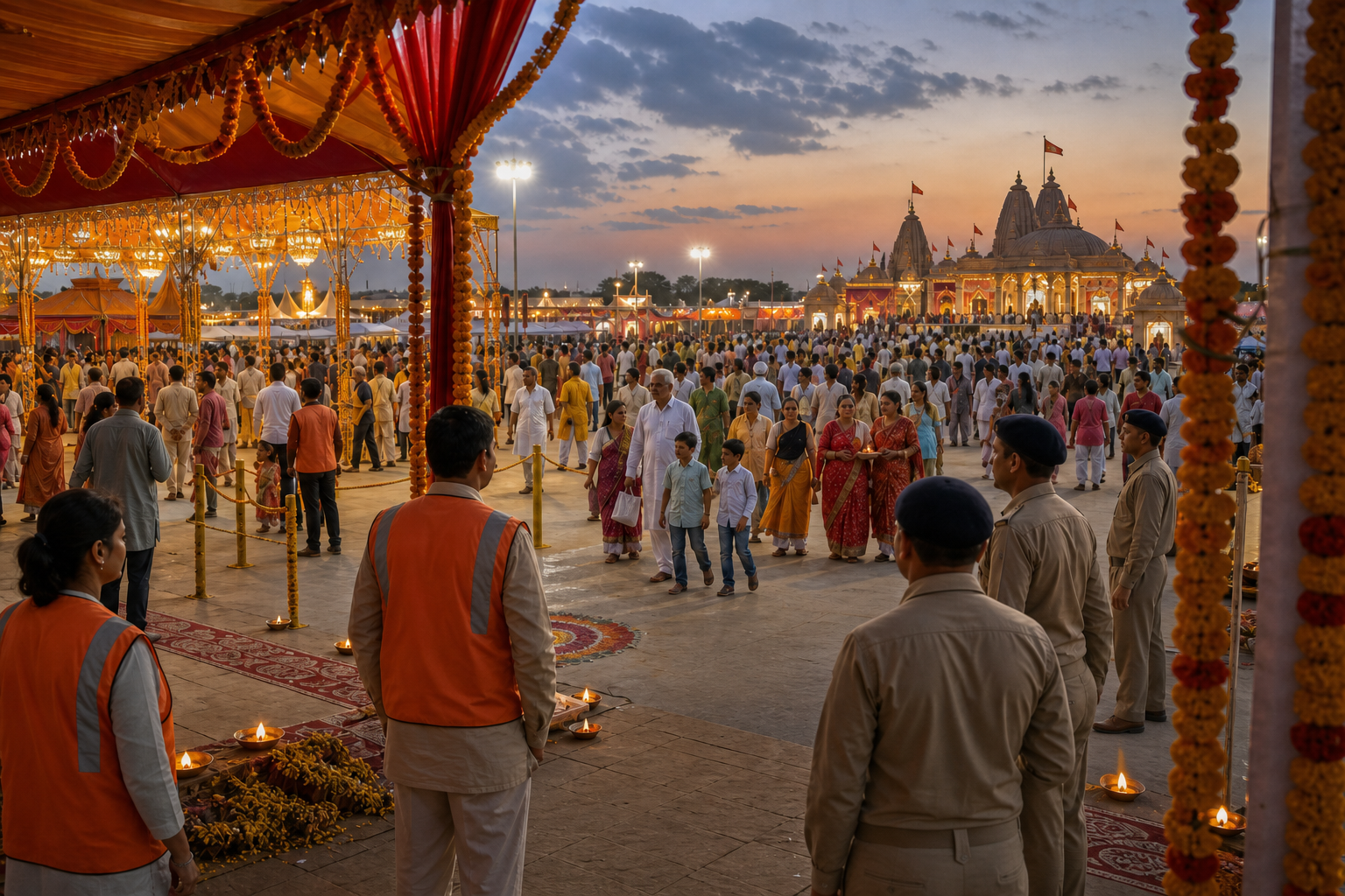 Families attend a Hindu community gathering at dusk while volunteers and public-safety personnel calmly monitor the entrance and emergency access lane.