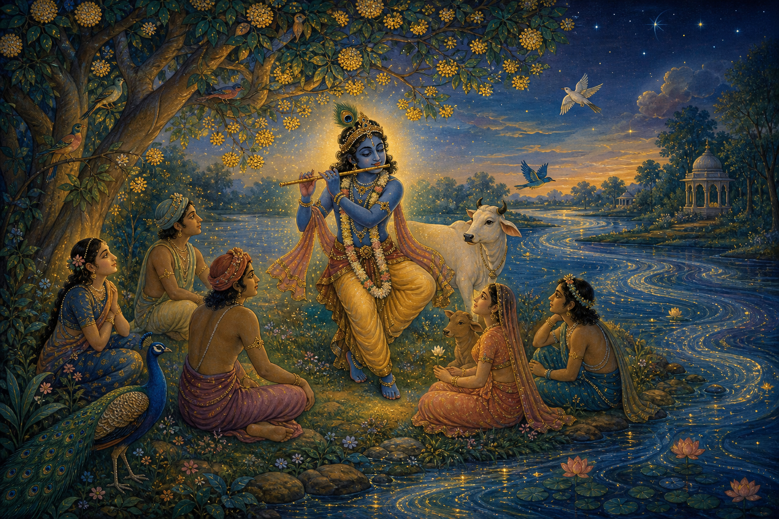 An illustration shows Krishna playing a flute beneath a tree as distinct people, animals, plants, water, and stars share a continuous golden-blue light.