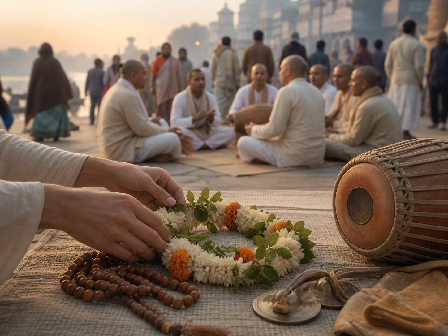 Prayer beads, flower garlands, hand cymbals, and a clay drum rest in the foreground while a small group chants together behind them.