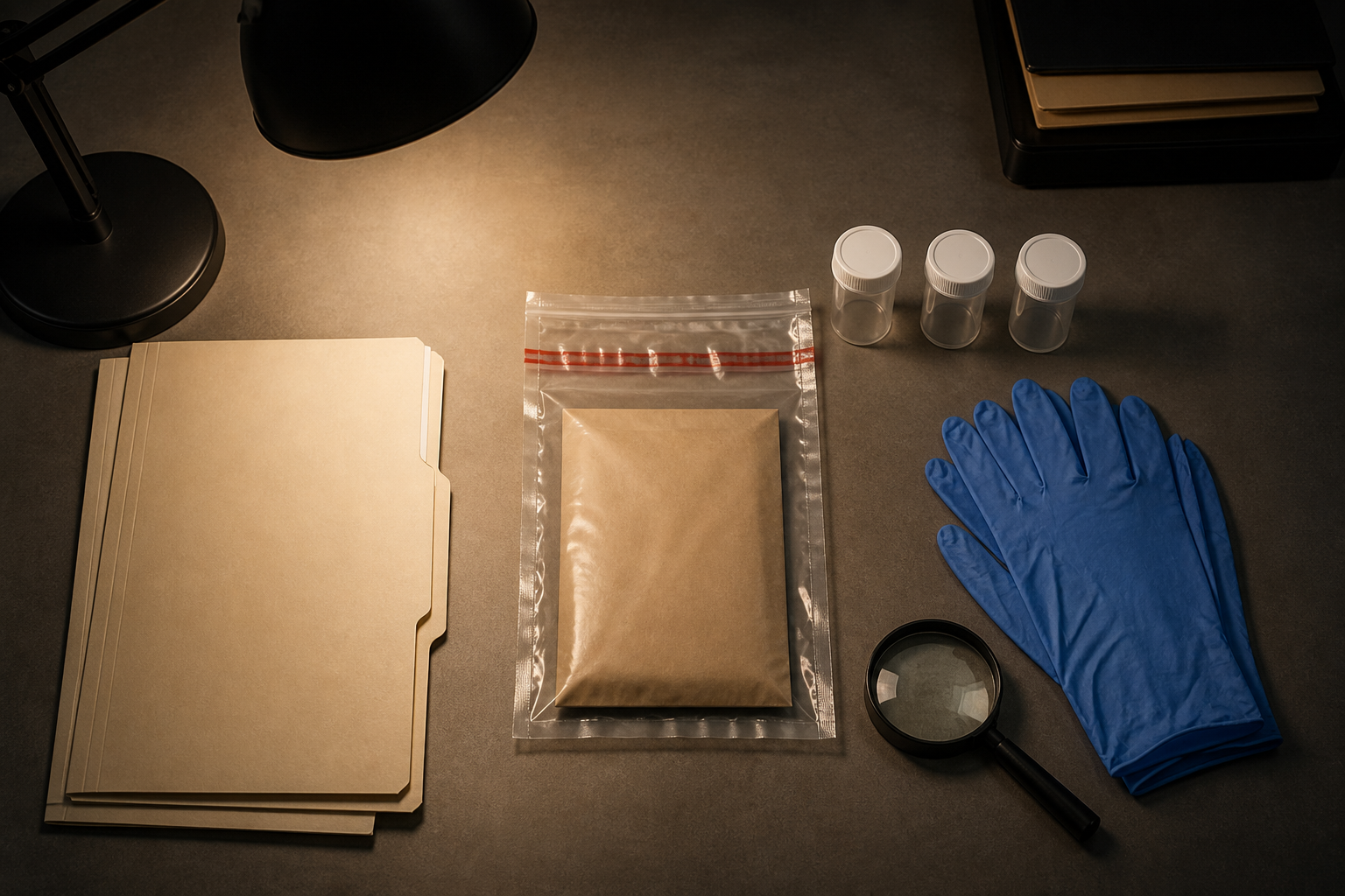 Sealed evidence containers, protective gloves, a magnifying lens, and blank case folders are arranged on an investigator's desk.