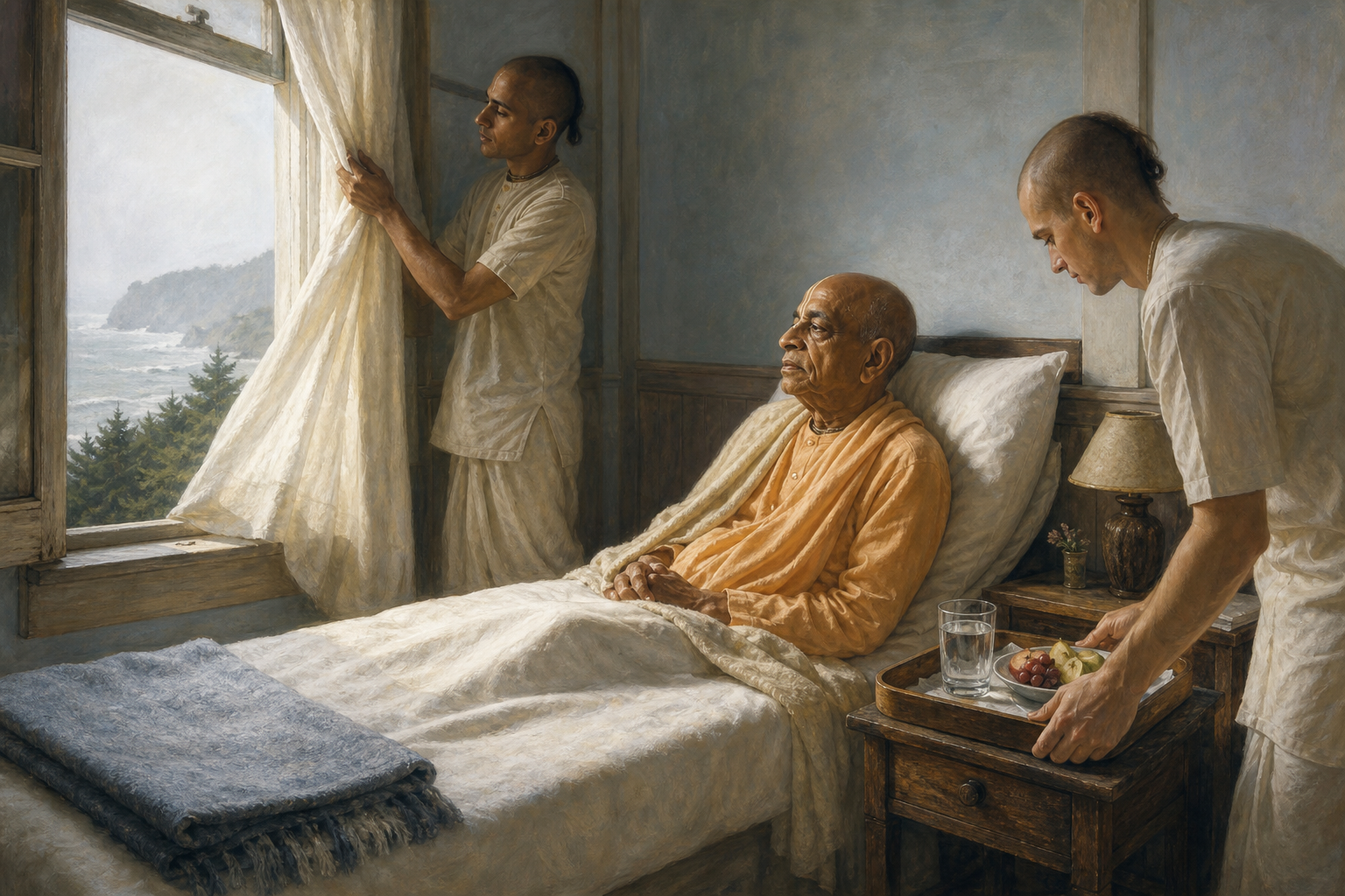 Srila Prabhupada rests upright near an open cottage window as disciples adjust the room and bring water and fruit.