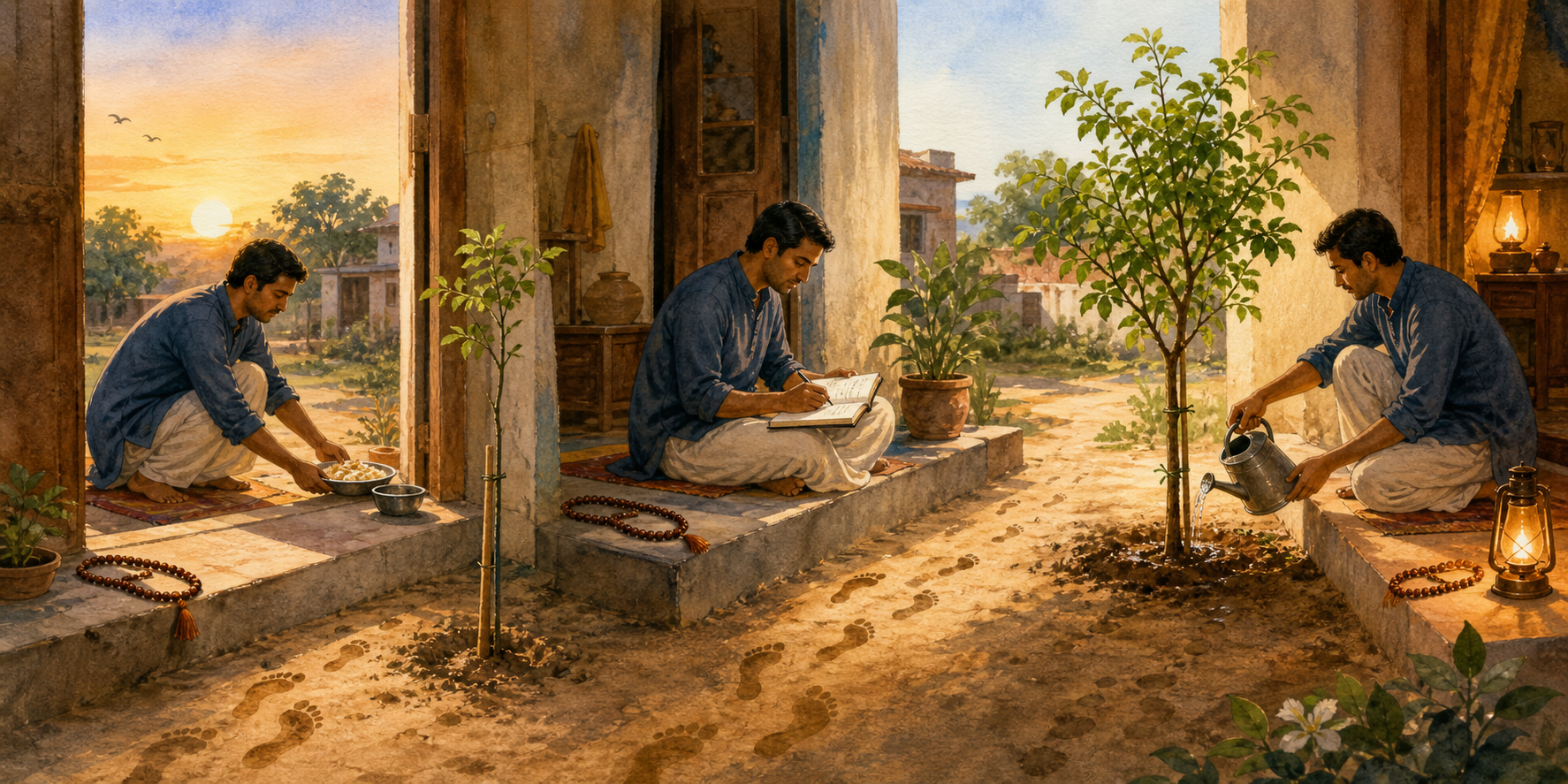 An adult repeats daily acts of giving food, reflecting, and watering a young tree across morning and evening at a household threshold.