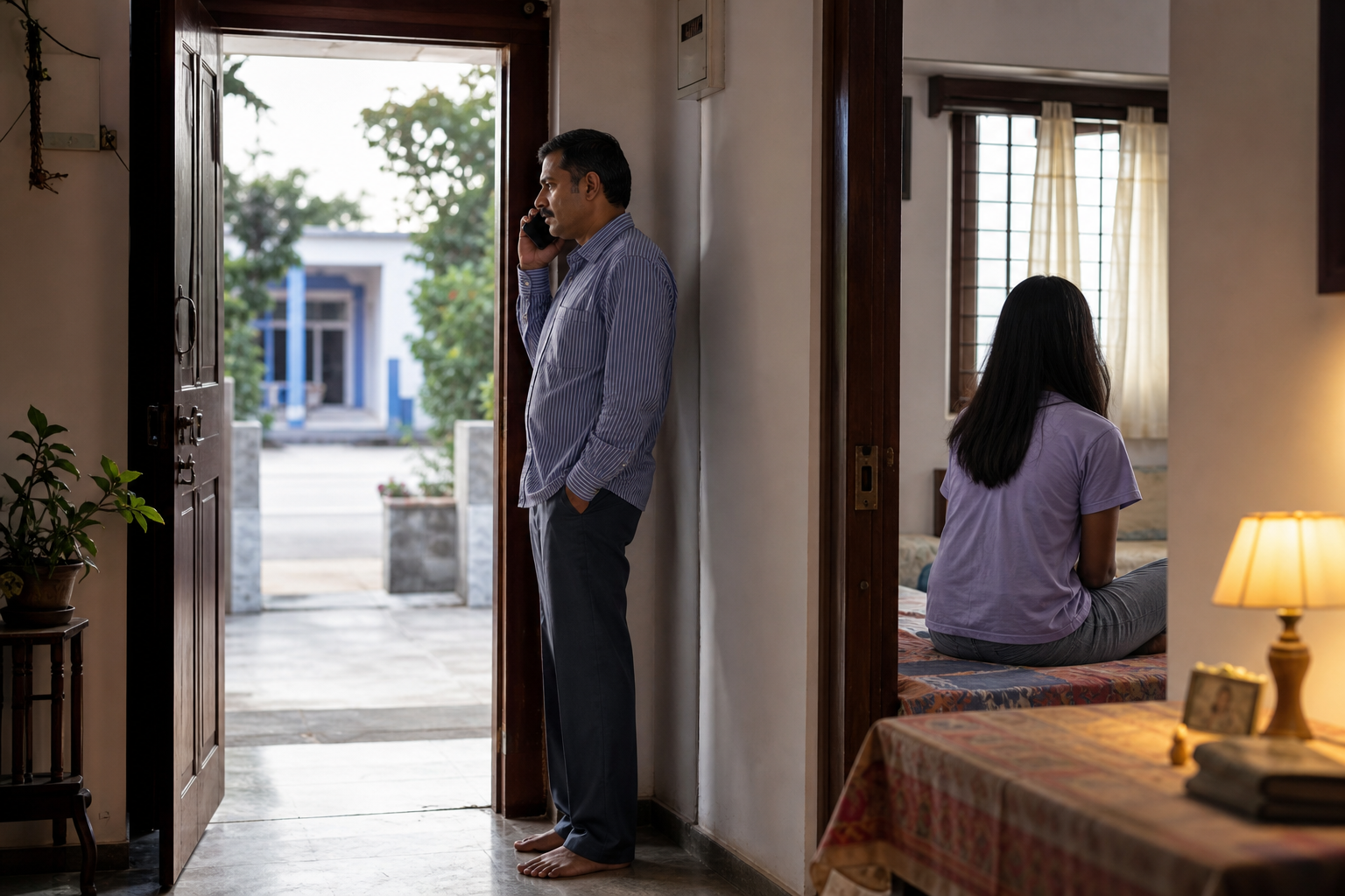 An adult makes a phone call while an unidentified teenager waits safely in a nearby room.