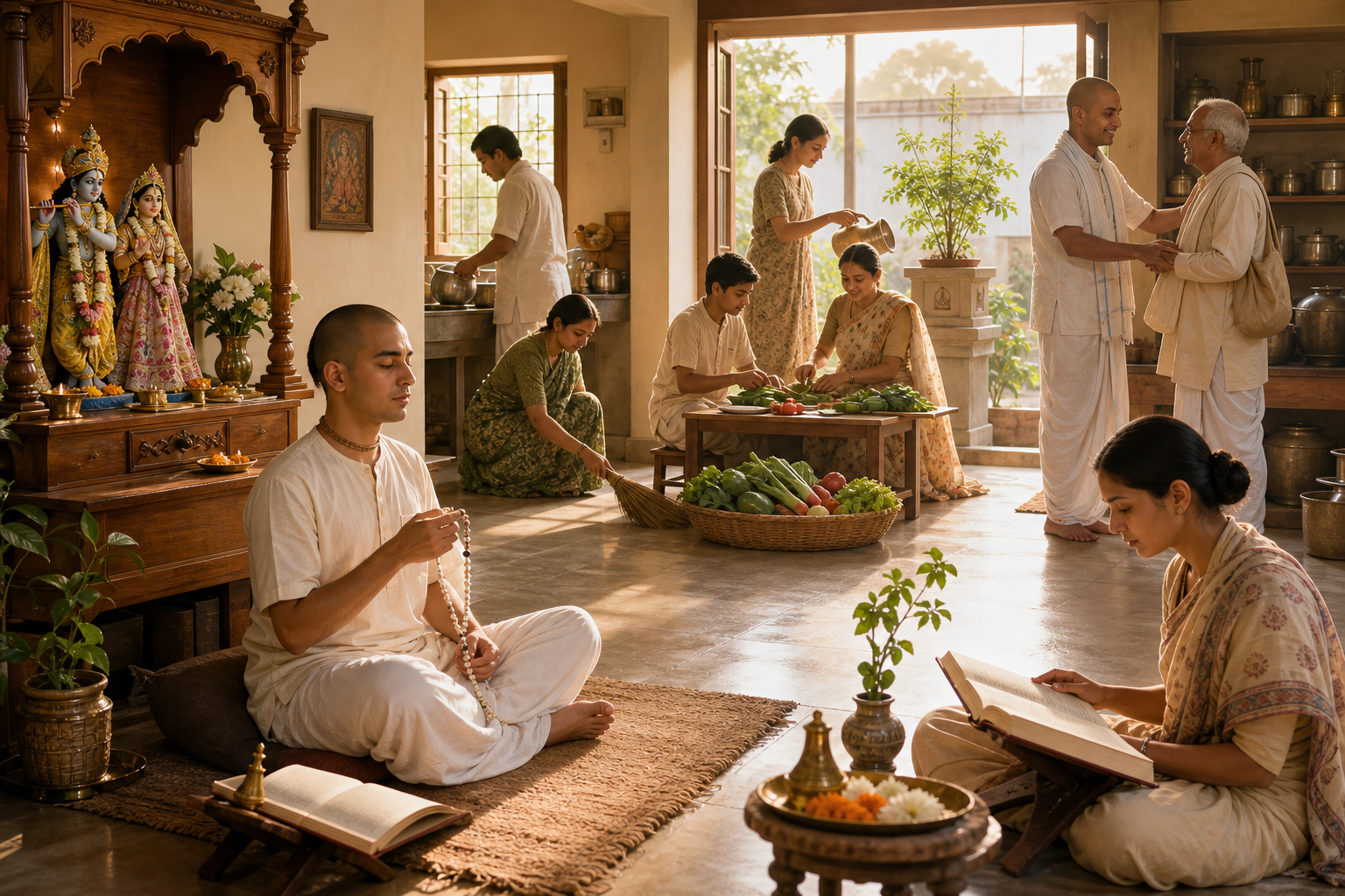 A practitioner chants on beads near a home shrine while others study, cook, clean, tend a tulasi plant, and welcome an elderly visitor.