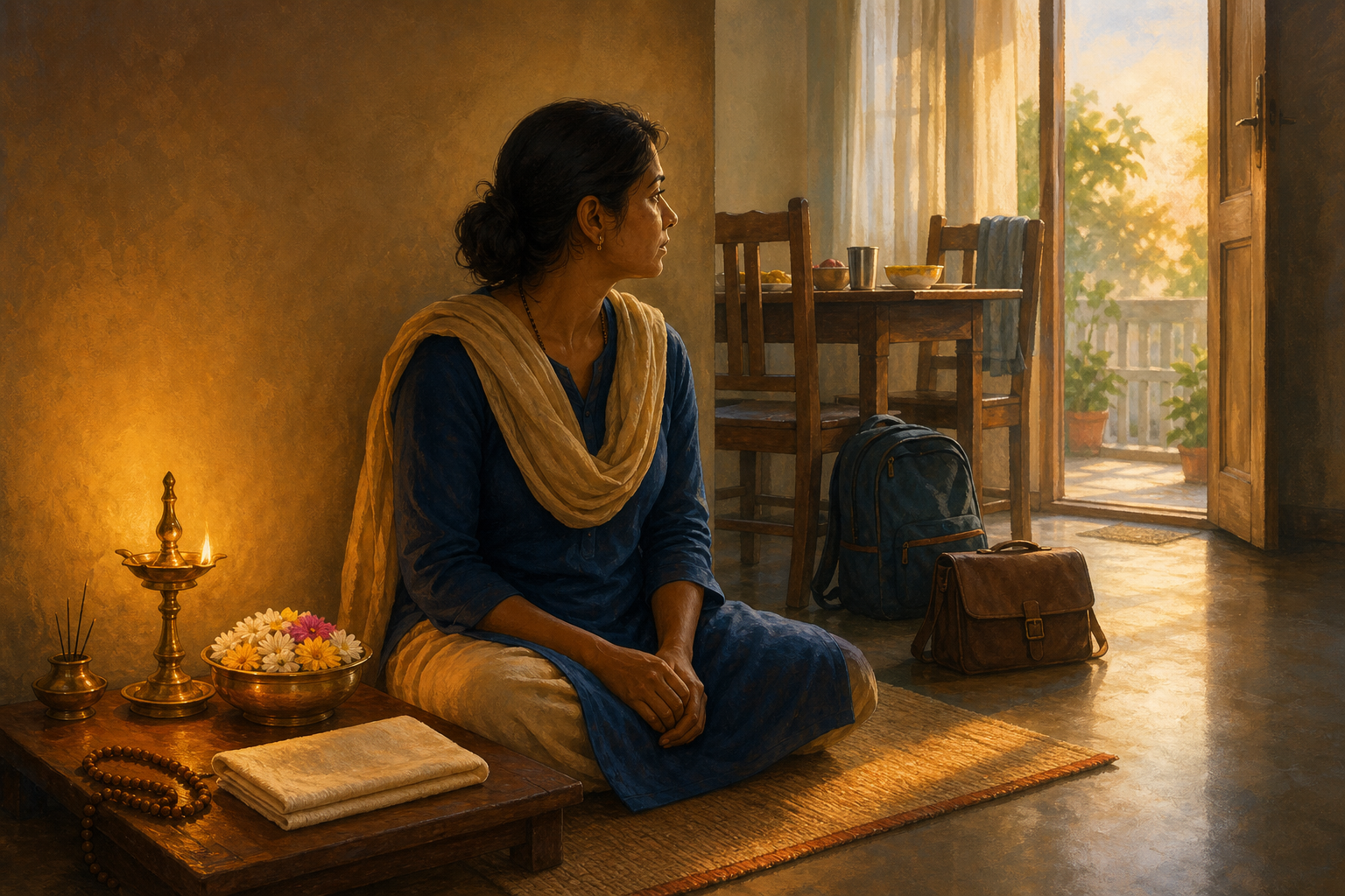 A person finishes a dawn devotional practice beside an oil lamp and flowers while a breakfast table, school bag, and work satchel wait in the adjoining room.