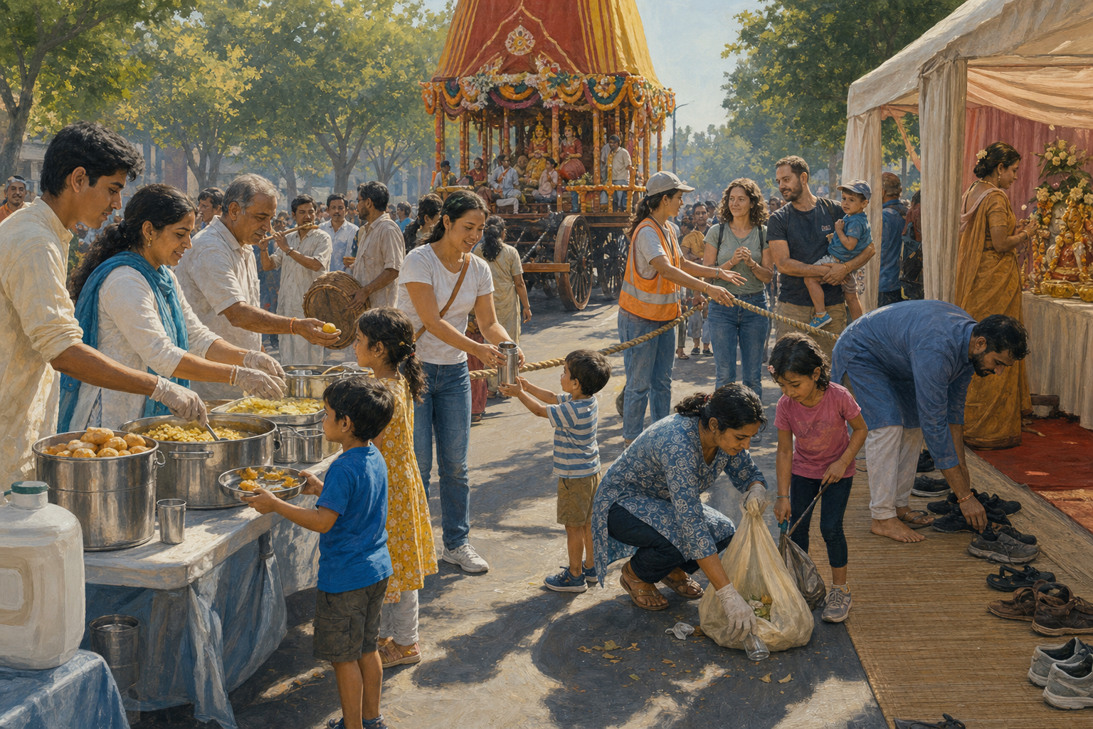 Festival volunteers serve vegetarian food, offer water, guide families, and clean the route while visitors observe respectfully.