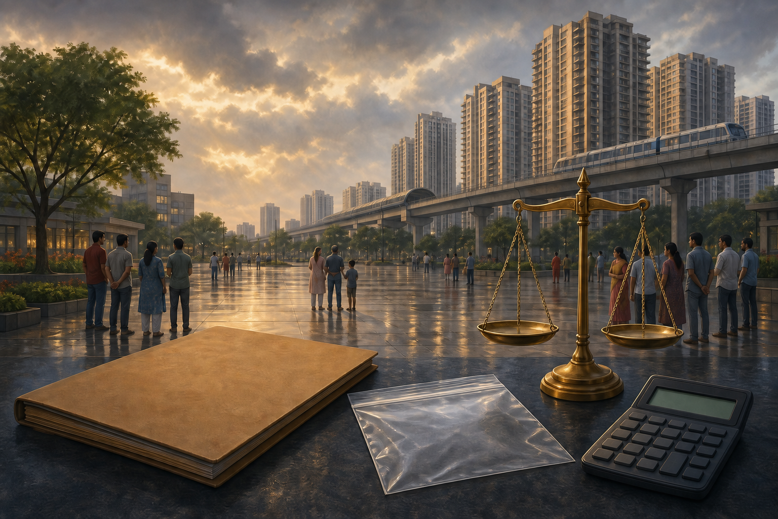Scales of justice, an evidence file, a calculator, and a sealed pouch overlook a peaceful public square and the high-rise skyline of Greater Noida.
