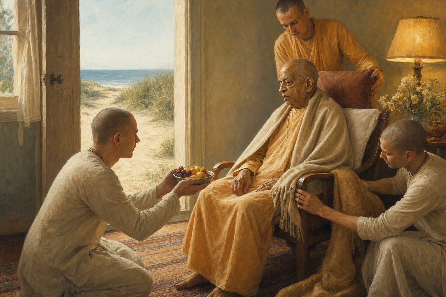 A disciple respectfully offers fruit to the seated Srila Prabhupada while two others prepare a cushion and shawl in a coastal cottage.