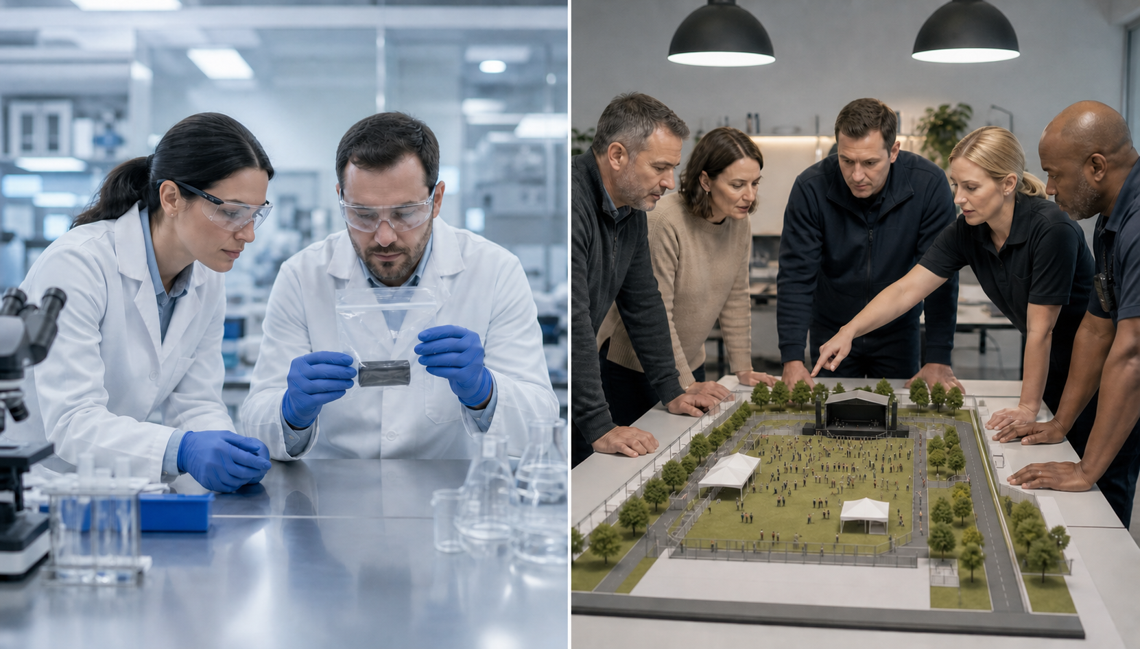Laboratory safety professionals examine a sealed specimen while event coordinators review exits and emergency access on an unmarked site model.