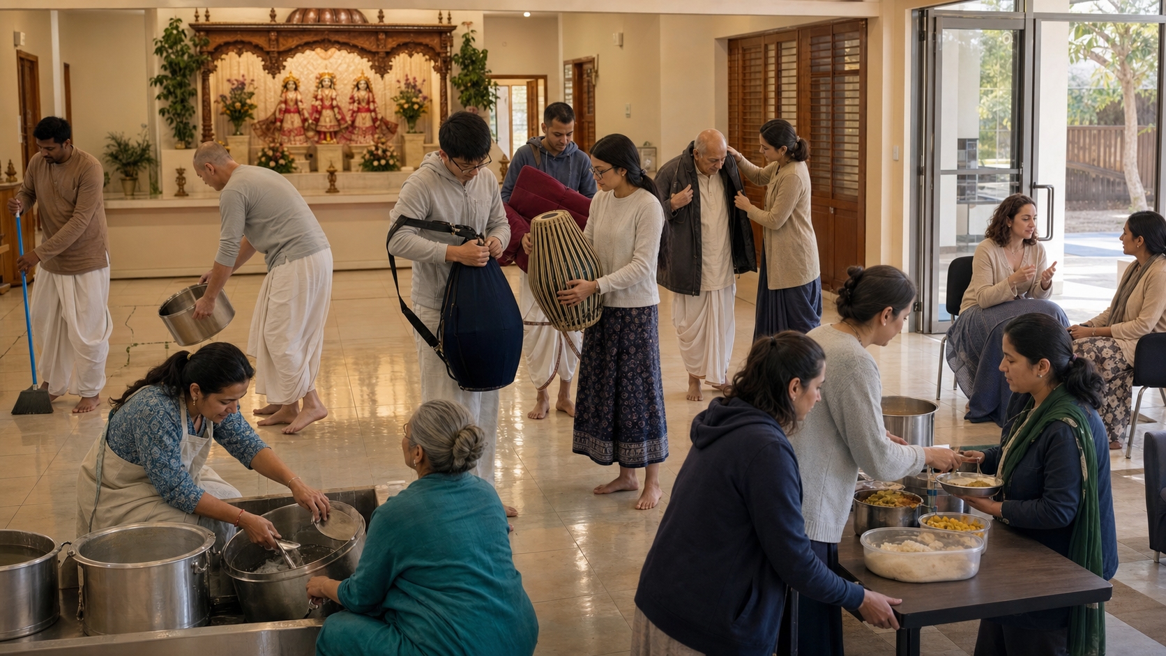 Community members clean a devotional hall, wash pots, distribute food, assist an older attendee, and listen to a newcomer after a gathering.