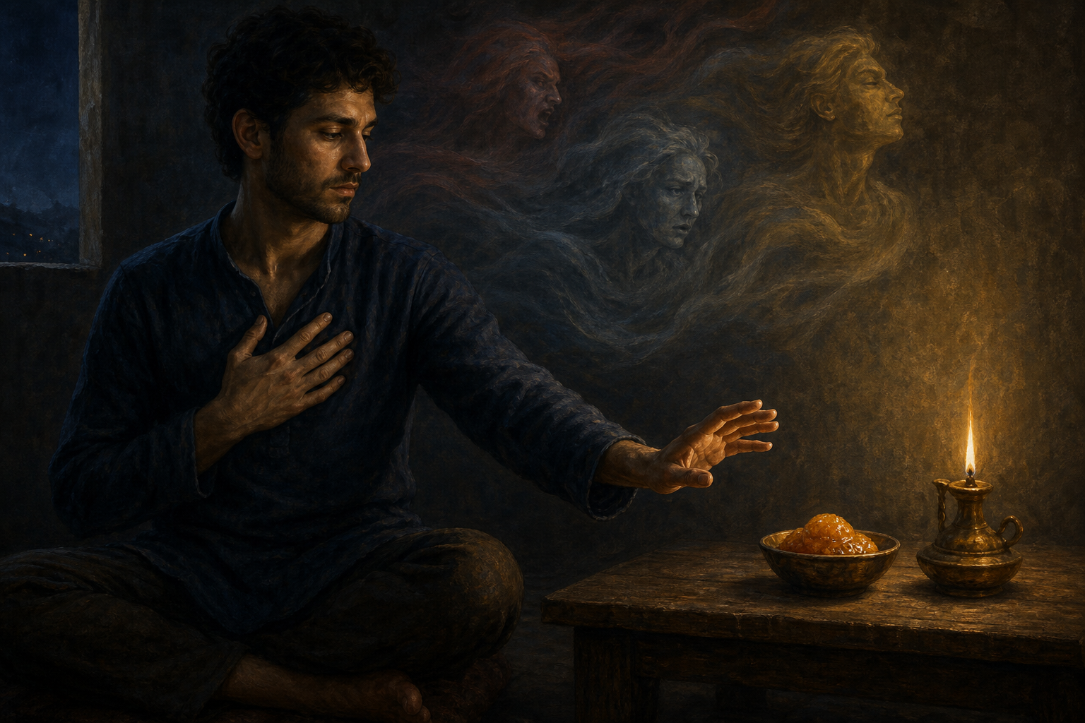 A seated person pauses with one hand extended toward a tempting object while an upright oil flame glows beside them and faint currents swirl in the background.