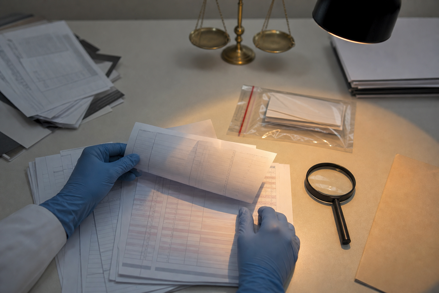 Gloved hands examine financial documents and sealed evidence beside a magnifying glass and scales of justice.