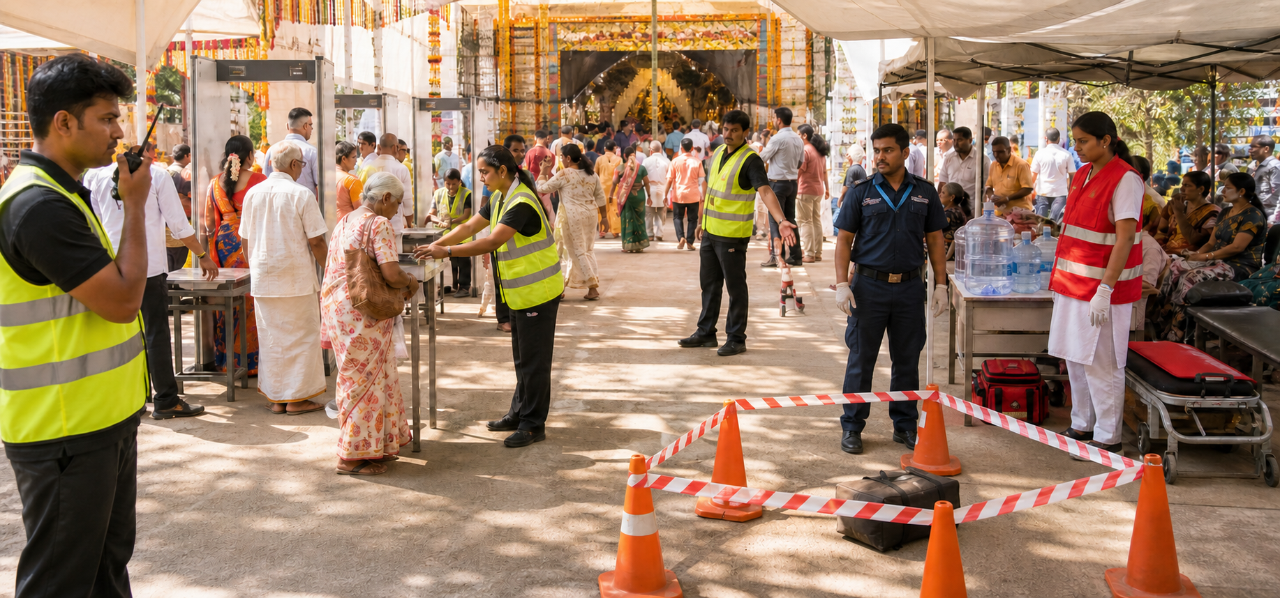 Volunteers manage an orderly festival entrance, keep an emergency lane open, and isolate an unattended parcel while visitors move calmly through the venue.