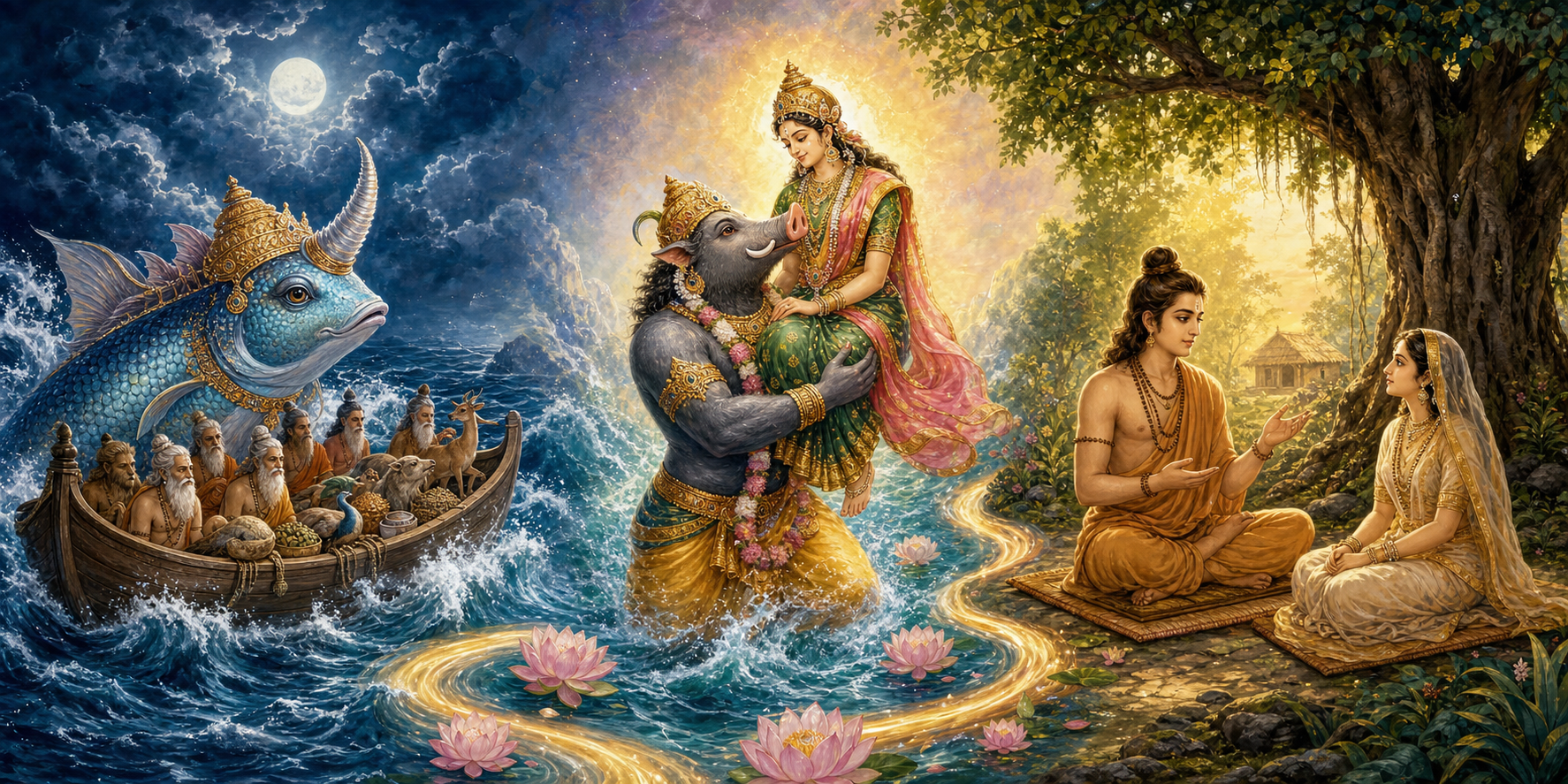 Three connected scenes show Matsya guiding a boat through a storm, Varaha lifting Bhudevi from the cosmic ocean, and Kapila teaching Devahuti in a forest hermitage.