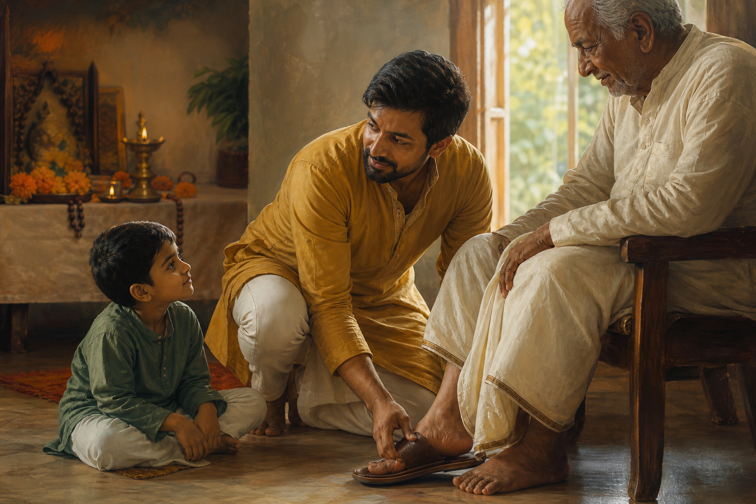 An adult helps an elderly family member with a sandal and listens to a child, with flowers, prayer beads, and an oil lamp visible in the background.