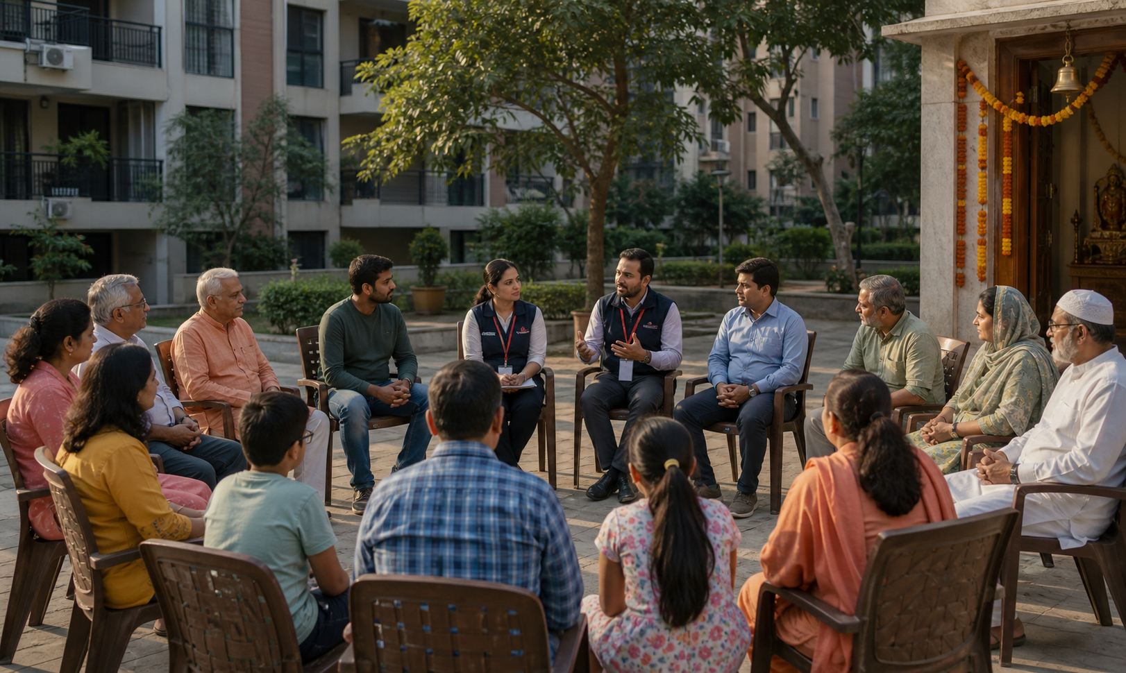 Residents from varied backgrounds hold a calm community discussion in a courtyard near a small temple entrance.