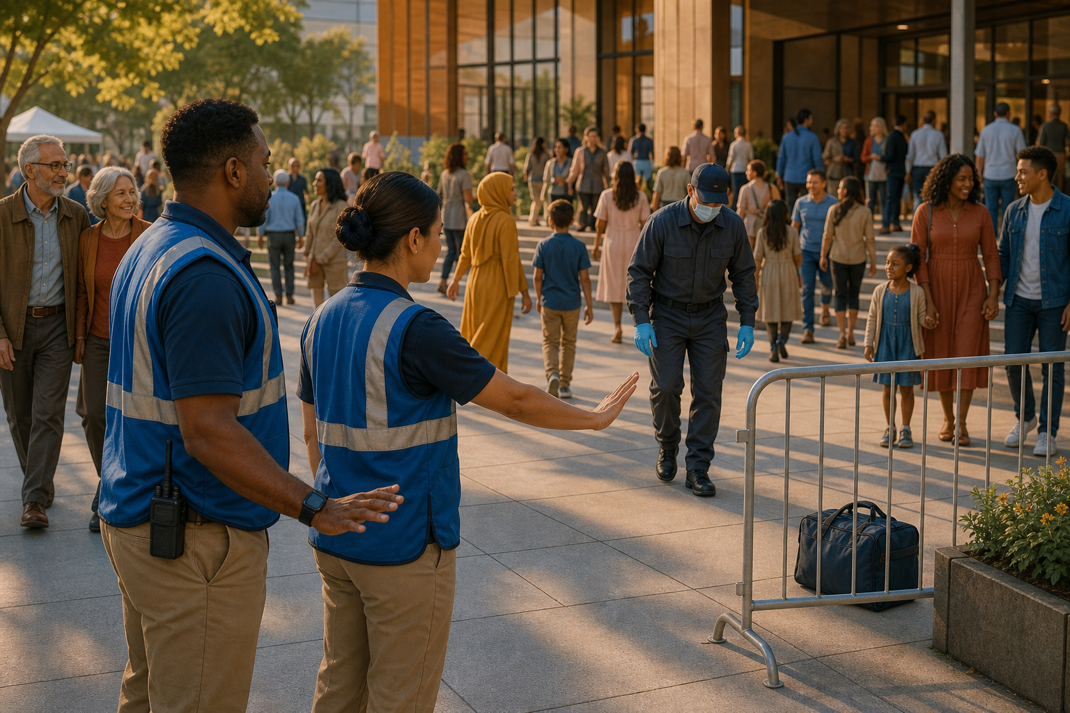 Safety volunteers redirect visitors while a responder assesses an unattended container without singling out any person in the crowd.