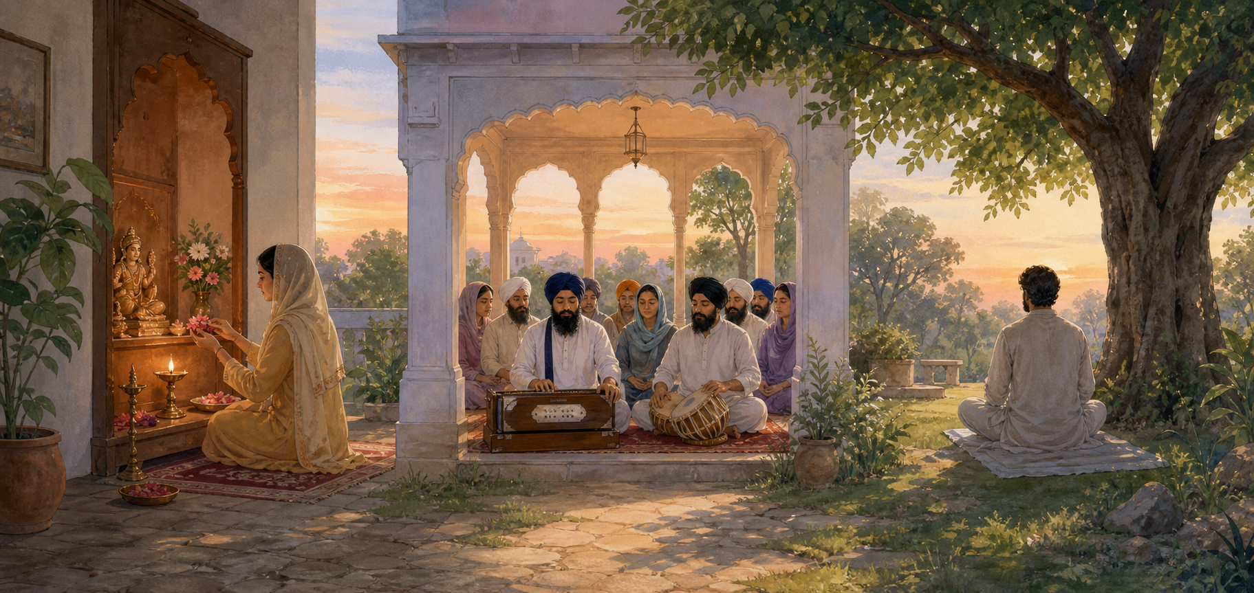 Three separate neighboring scenes show a flower offering in a home prayer space, a Sikh congregation singing with musicians, and a person meditating beneath a tree.