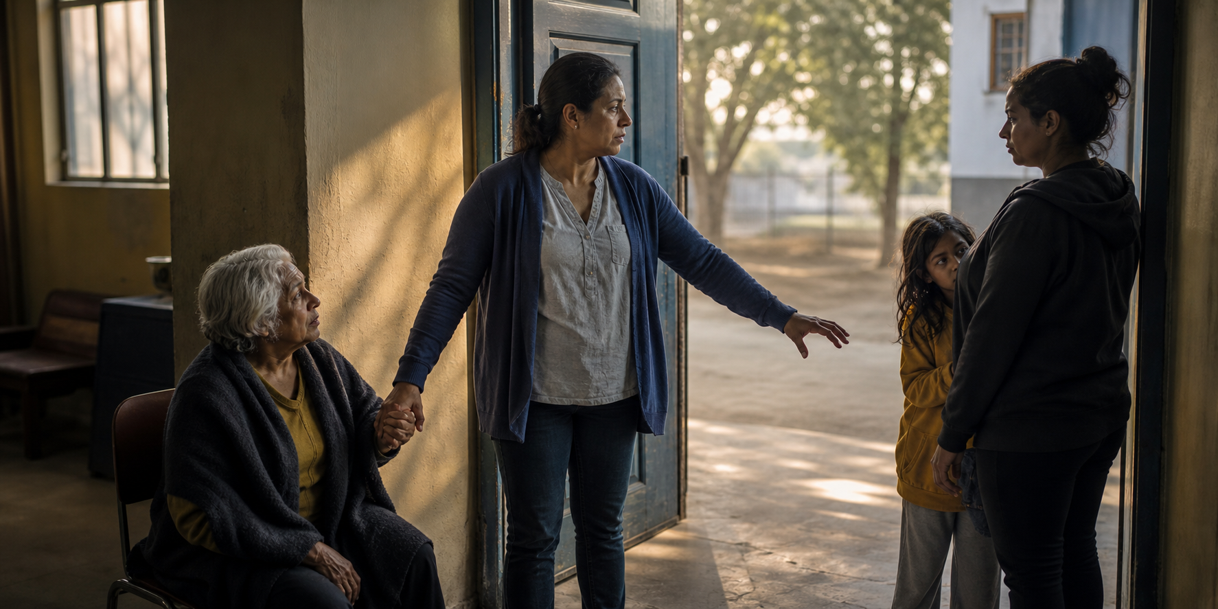 An adult pauses in a community-center doorway while supporting an older person and looking toward a tense situation involving someone vulnerable.
