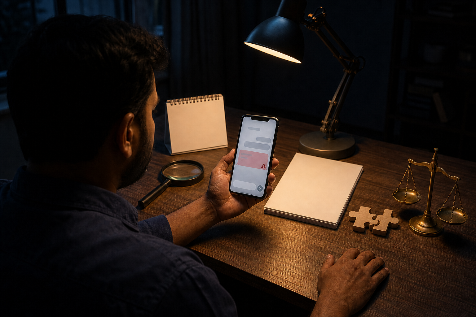 A person pauses over a smartphone while a magnifying glass, document, calendar, evidence pieces, and small scale sit on the desk.