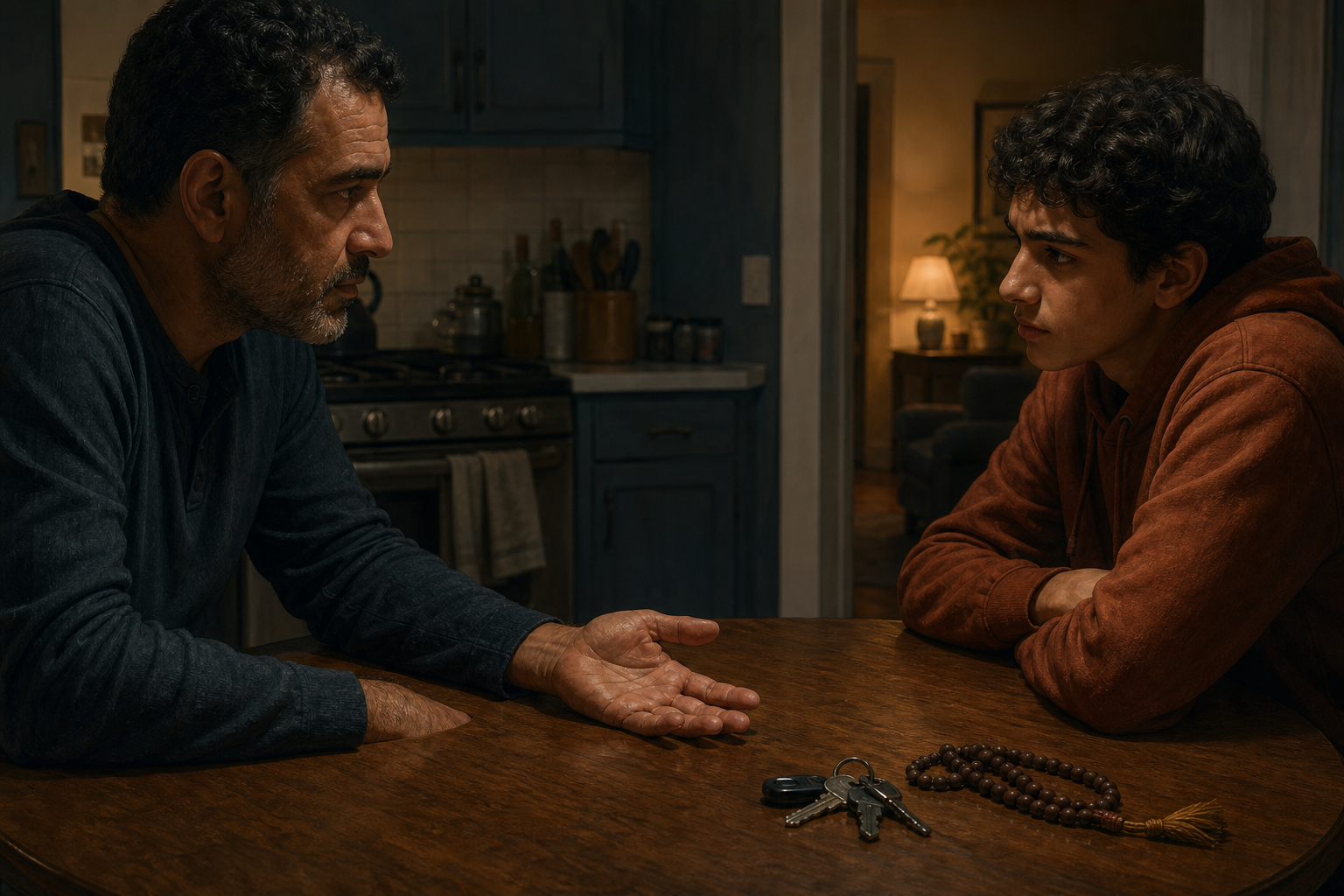Two people sit through a tense kitchen conversation as one relaxes an open hand on the table beside prayer beads and keys.