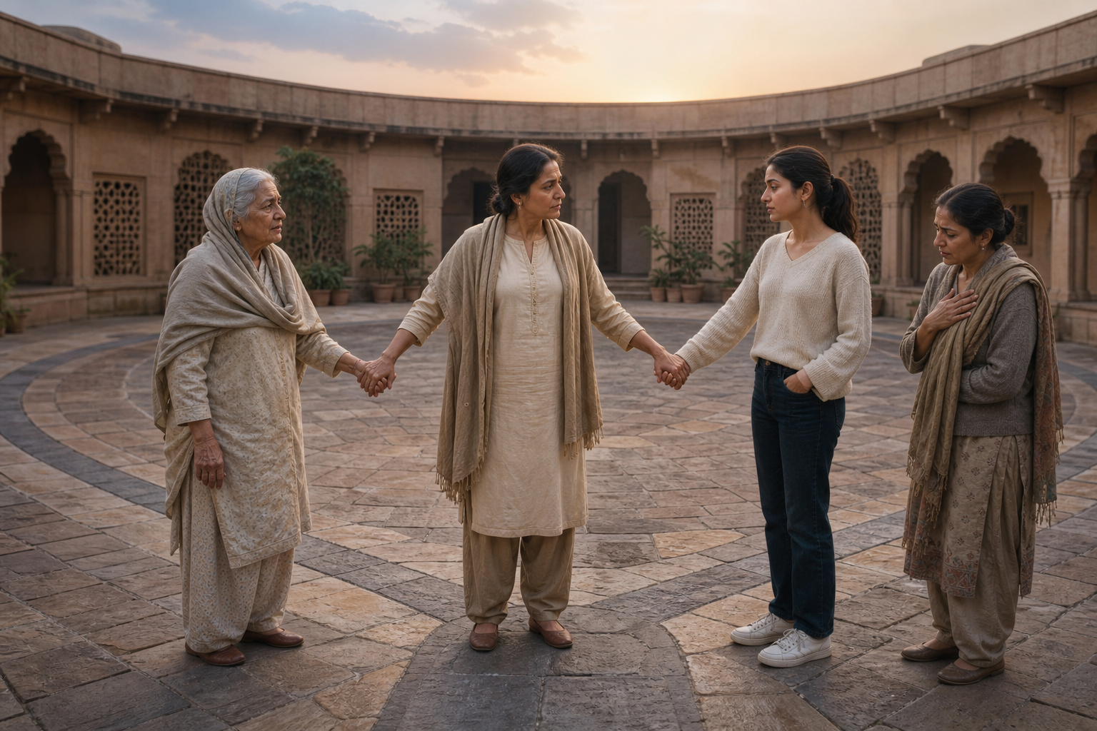 A person in a circular courtyard stands where several paths meet while holding the hands of two family members and attending to a distressed neighbor.